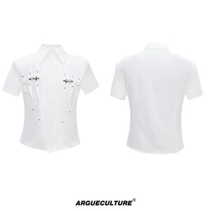 Pleated Waist-Cinched Short-Sleeve Shirt | Avant-Garde - White