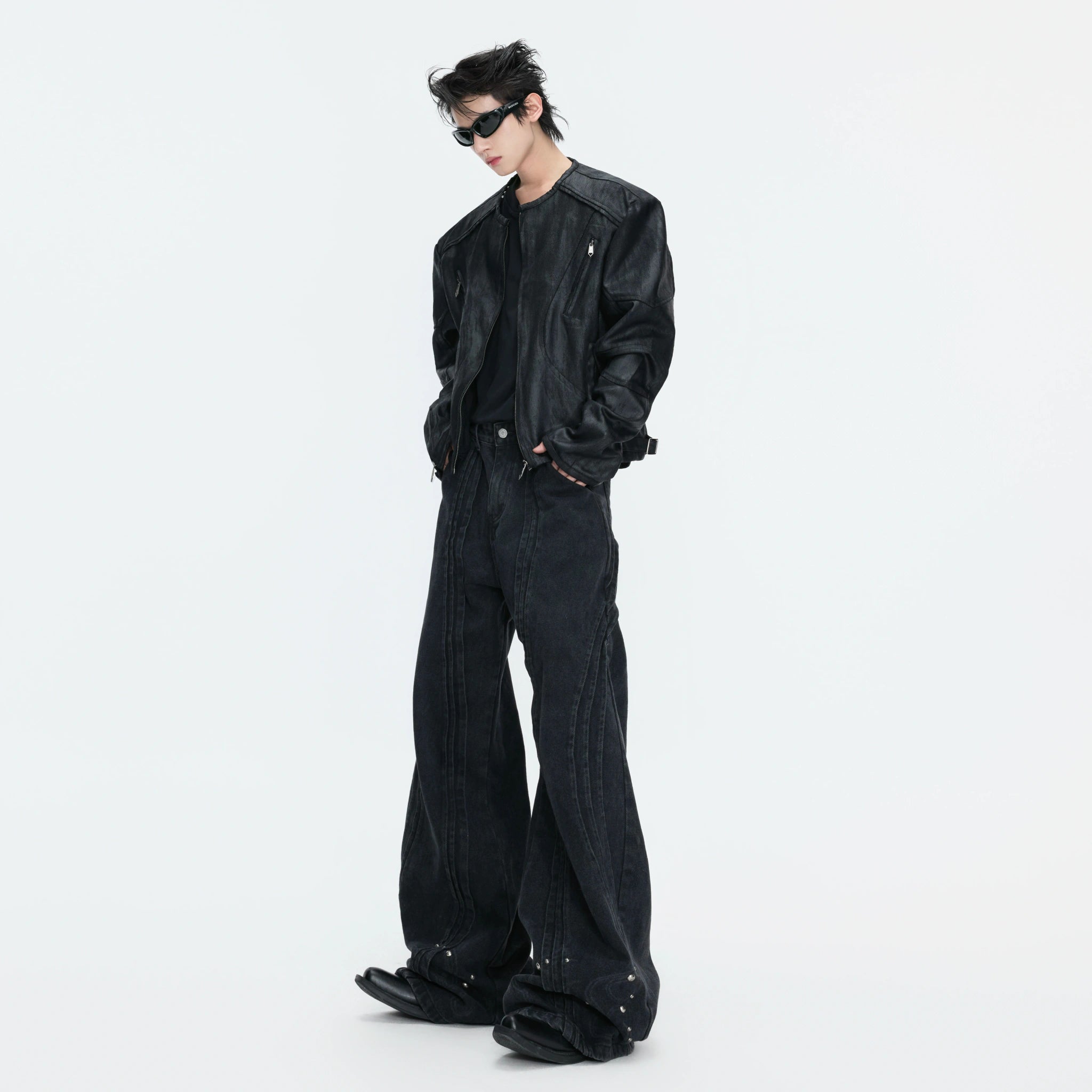 Black Wide-Leg Deconstructed Jeans | Washed Denim - main image 2