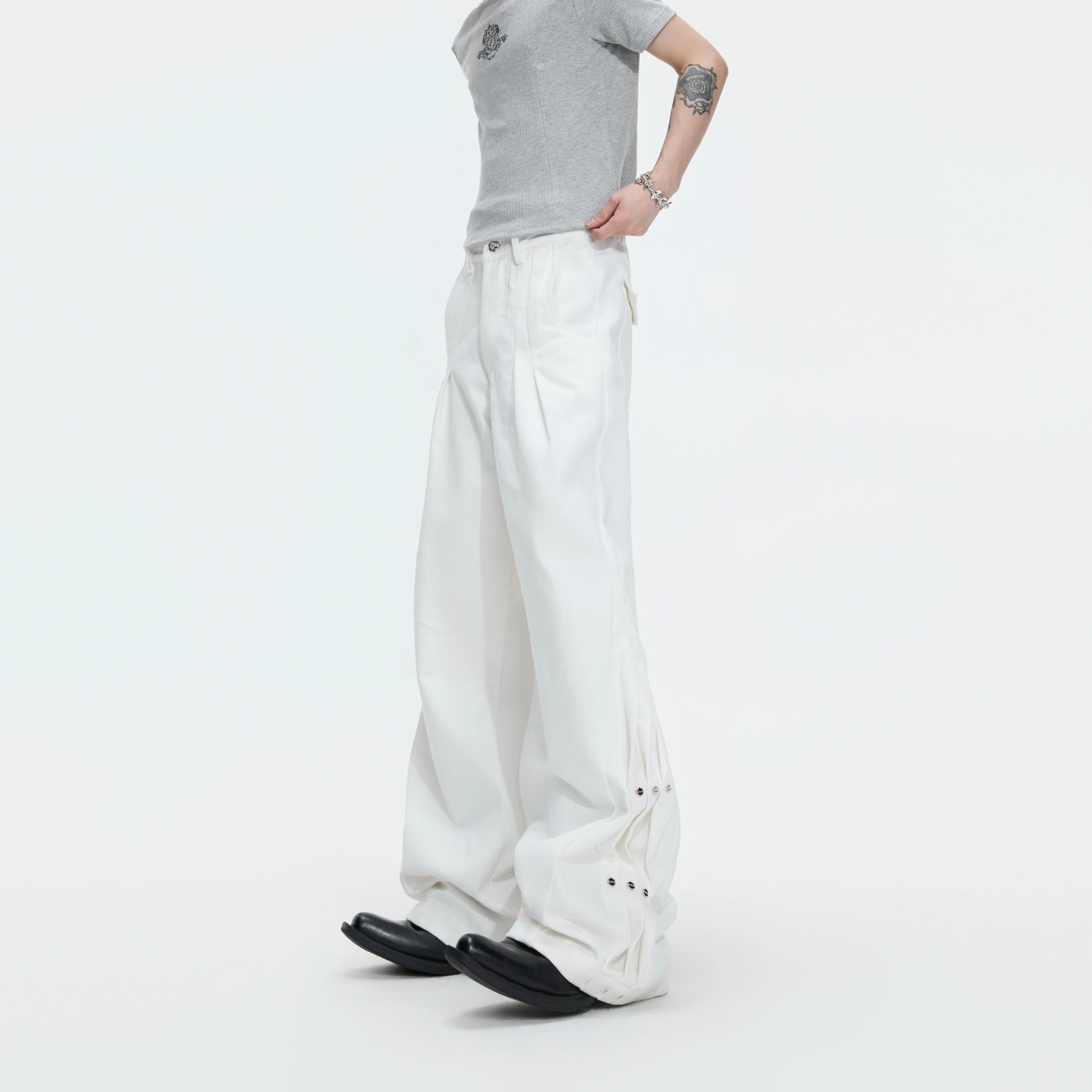 Pleated Rivet Straight-Leg Jeans | Cotton Denim - main image 1