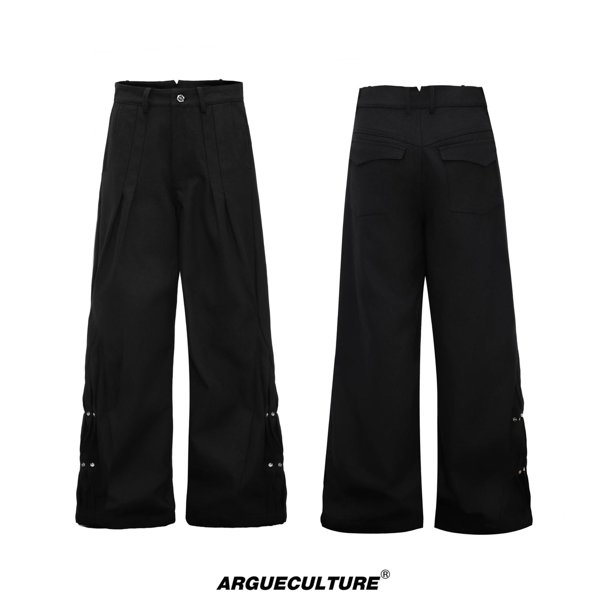 Pleated Rivet Straight-Leg Jeans | Cotton Denim - Black