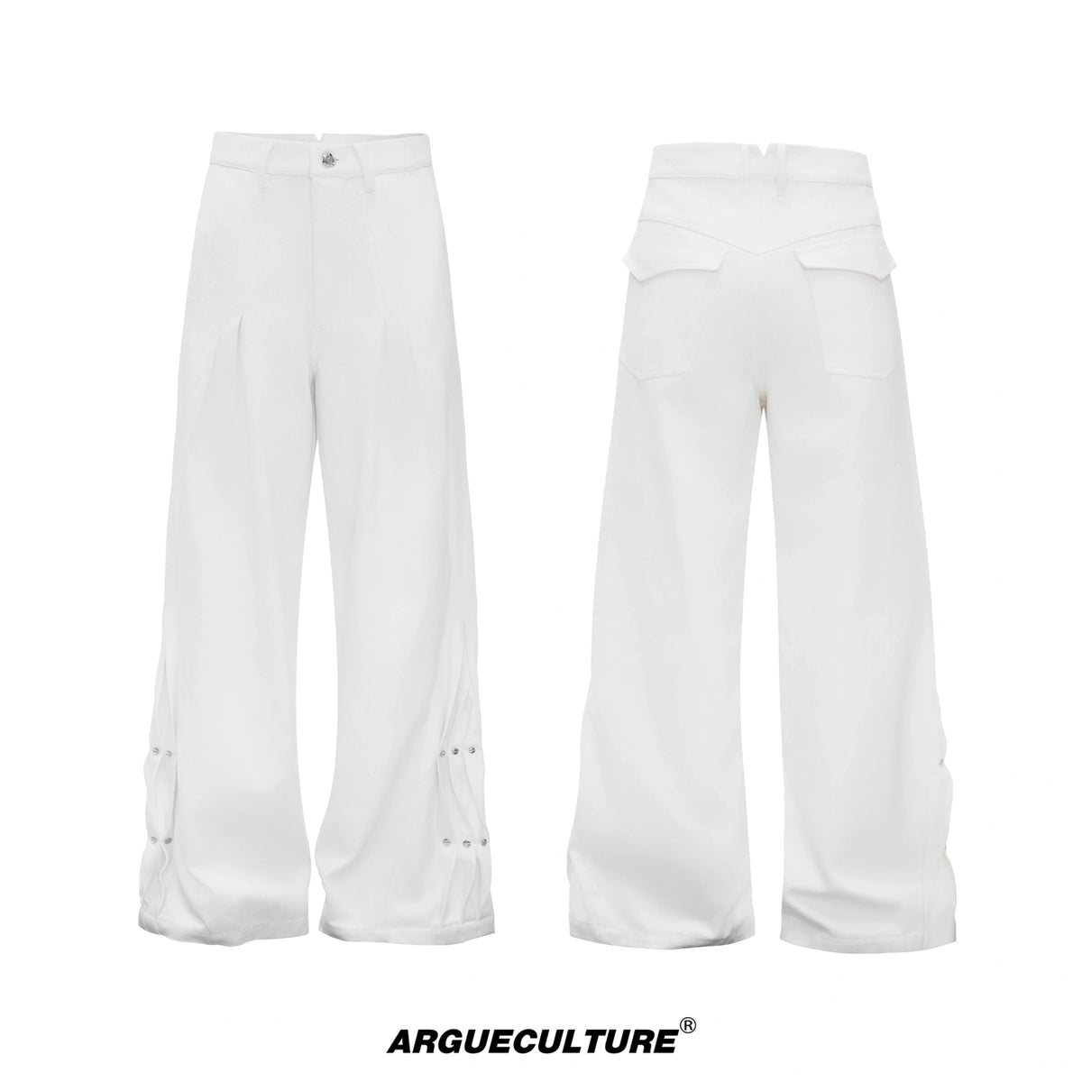 Pleated Rivet Straight-Leg Jeans | Cotton Denim - White