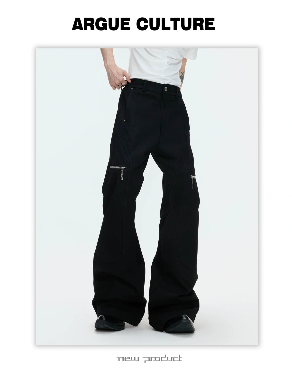 Black Metal Zip Flare Jeans | Low-Rise Denim Pants - description image 3