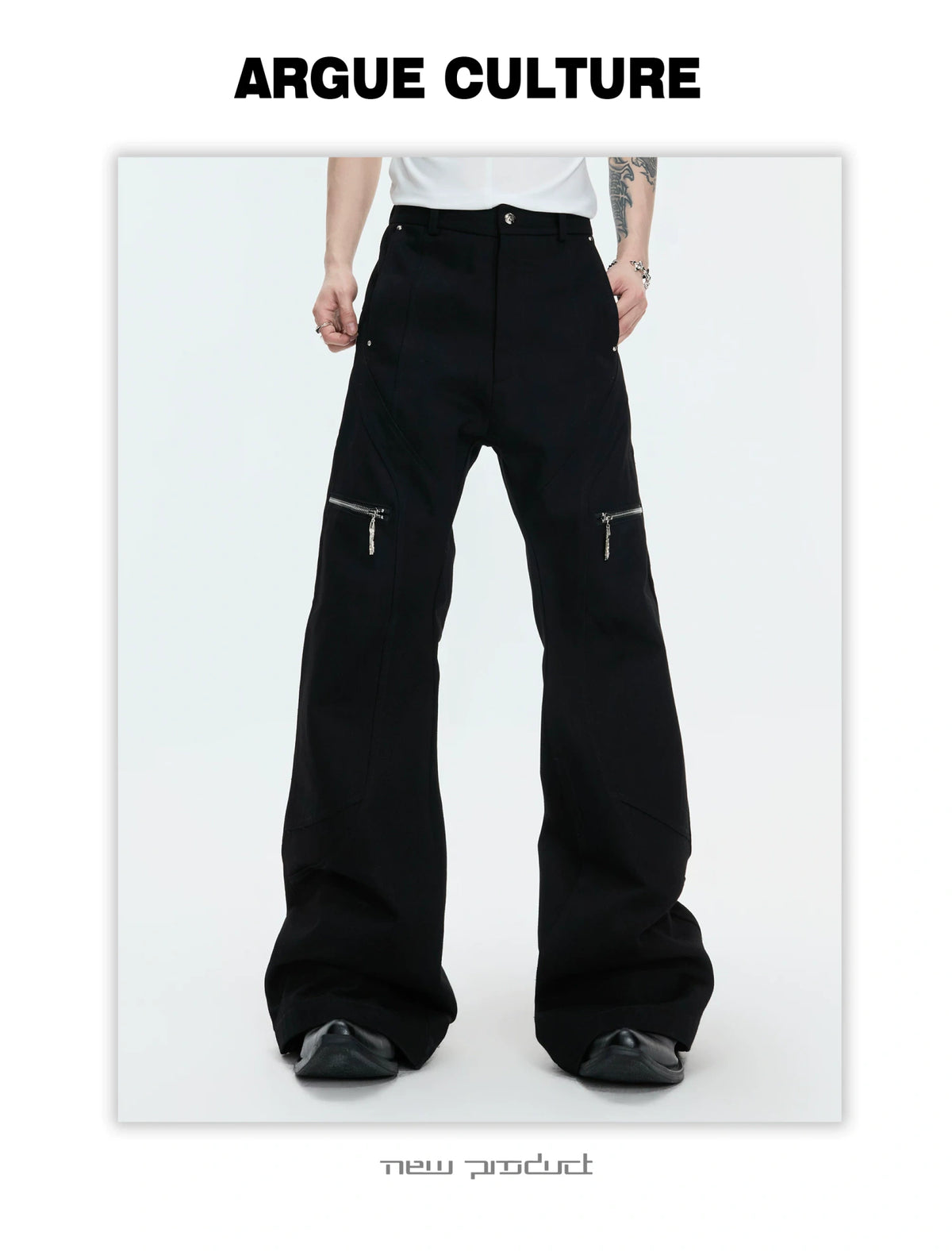 Black Metal Zip Flare Jeans | Low-Rise Denim Pants - description image 4