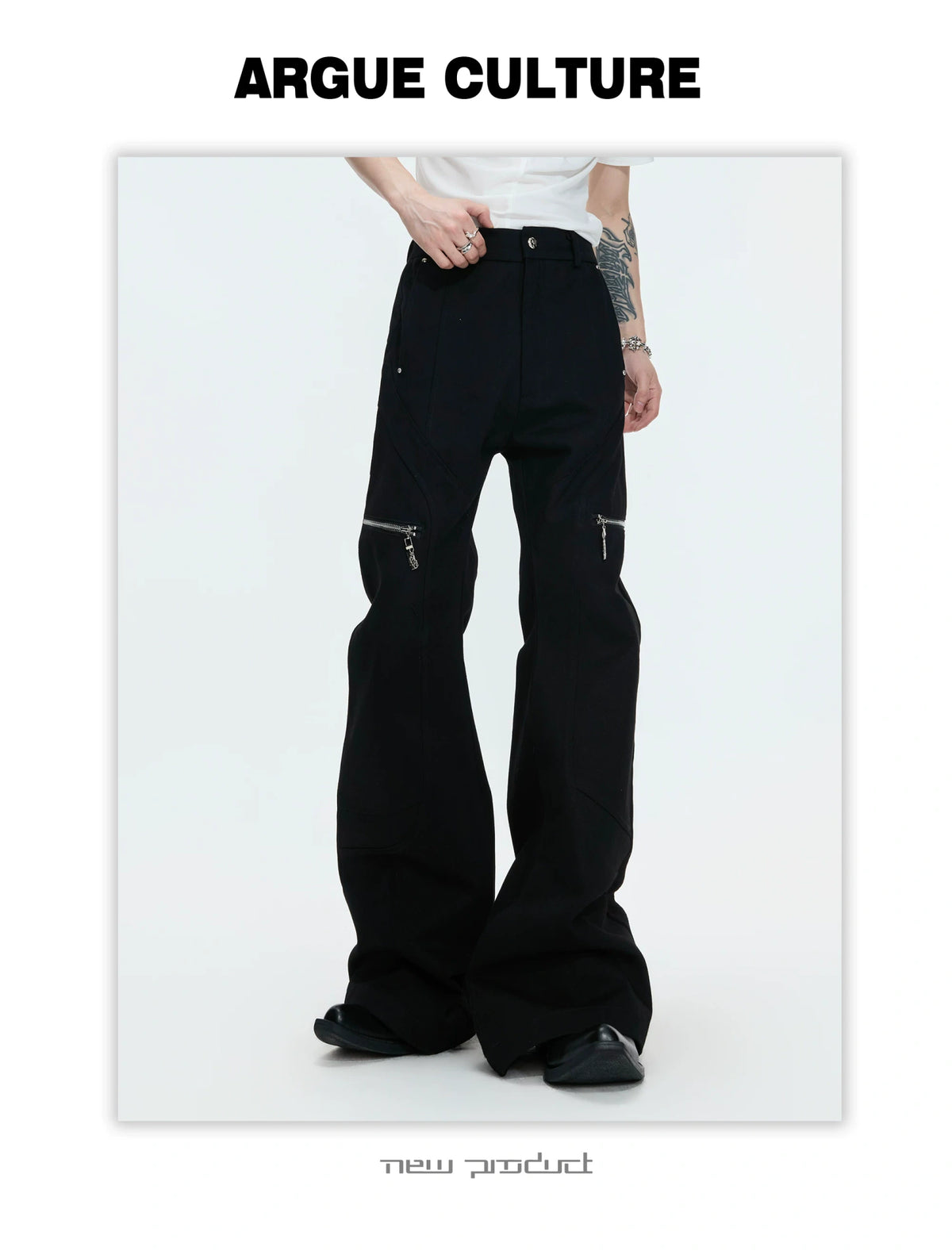 Black Metal Zip Flare Jeans | Low-Rise Denim Pants - description image 5