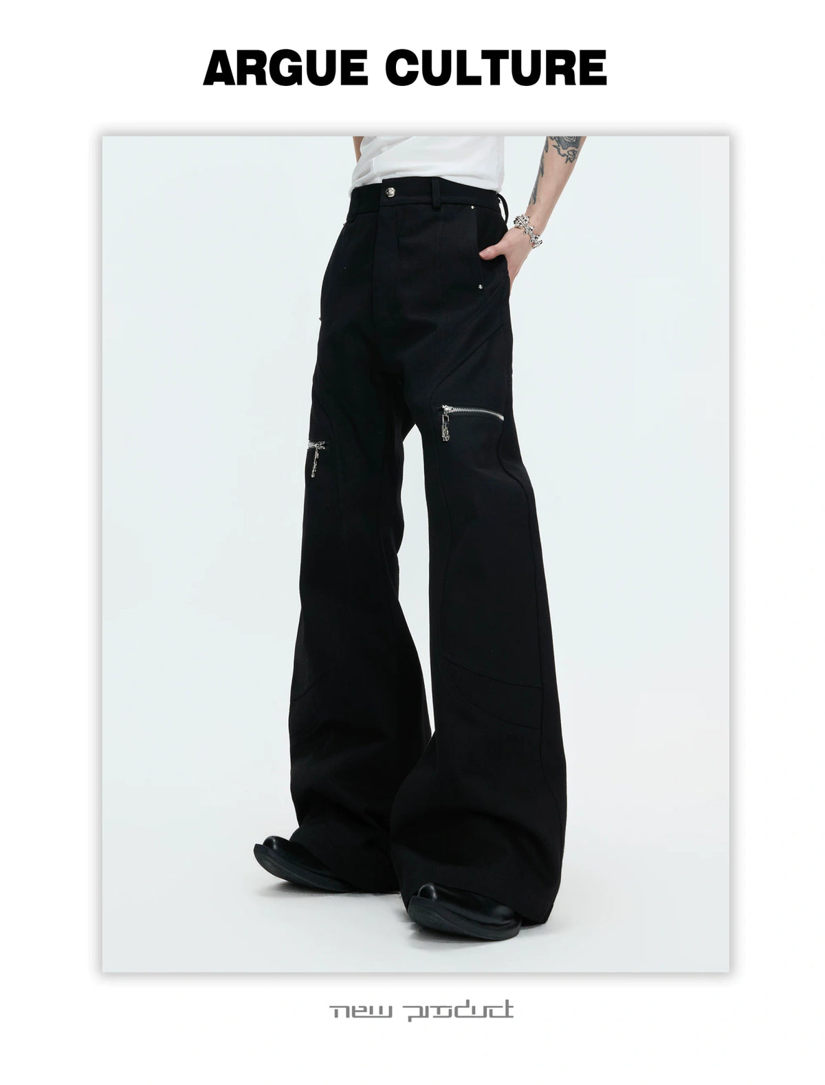 Black Metal Zip Flare Jeans | Low-Rise Denim Pants - description image 6