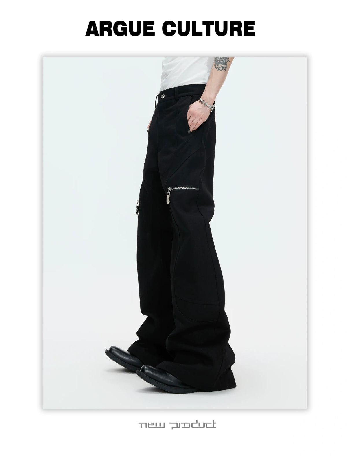 Black Metal Zip Flare Jeans | Low-Rise Denim Pants - description image 7