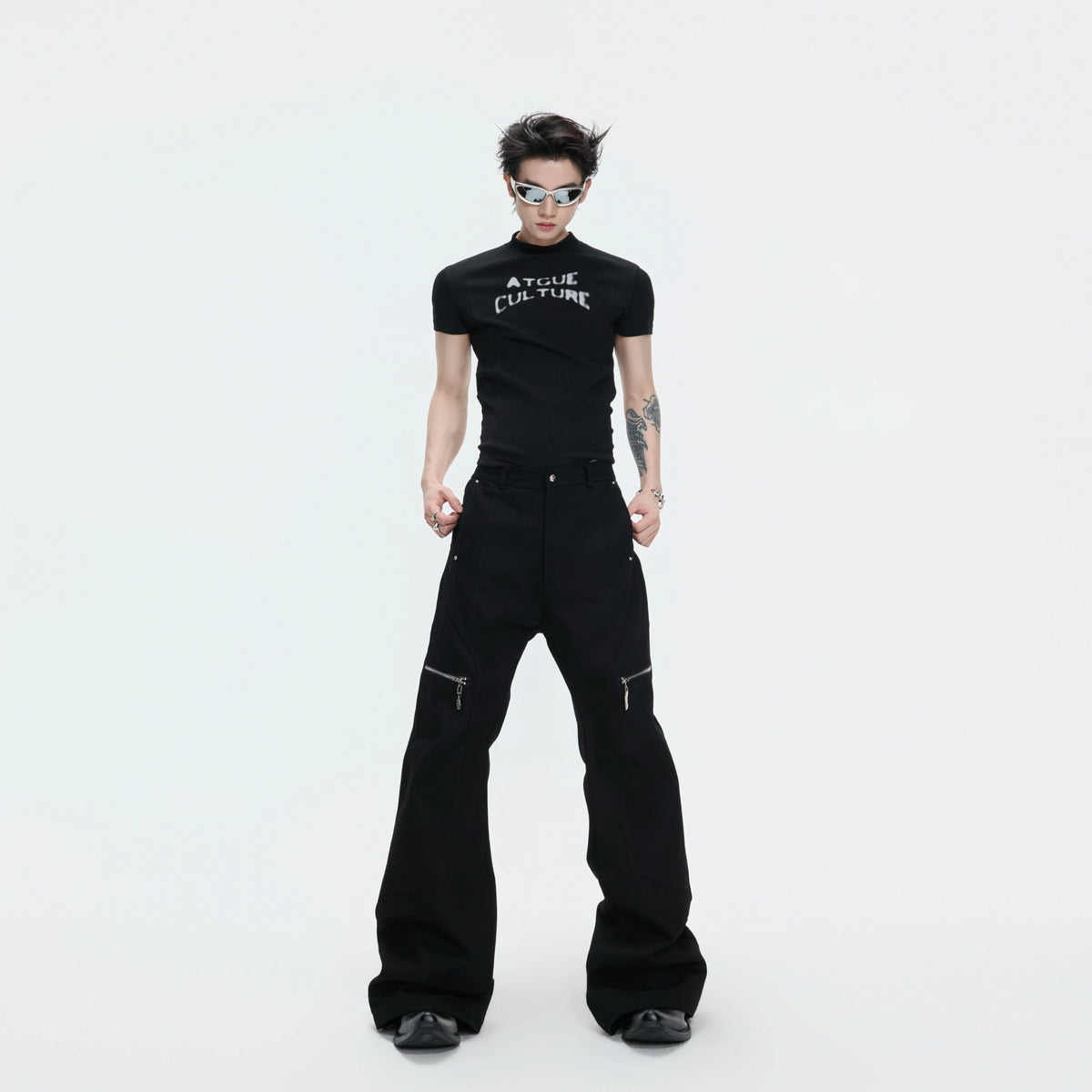 Black Metal Zip Flare Jeans | Low-Rise Denim Pants - main image 2