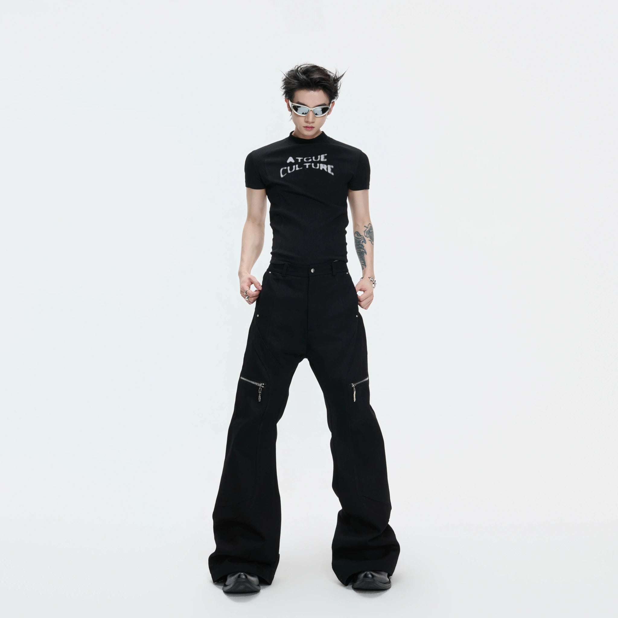 Black Metal Zip Flare Jeans | Low-Rise Denim Pants - main image 2
