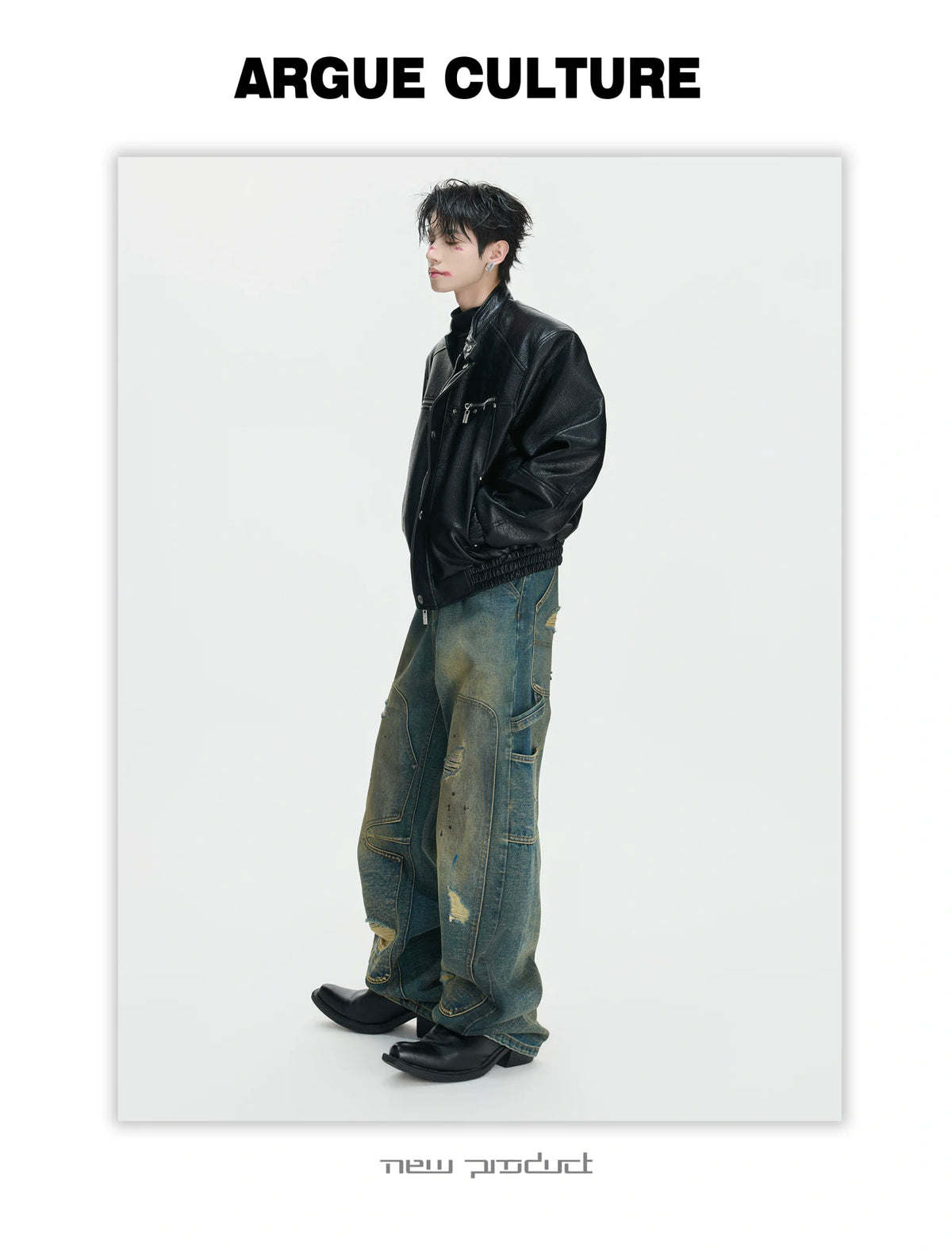 Distressed Patchwork Straight-Leg Jeans | Blue Denim - description image 3
