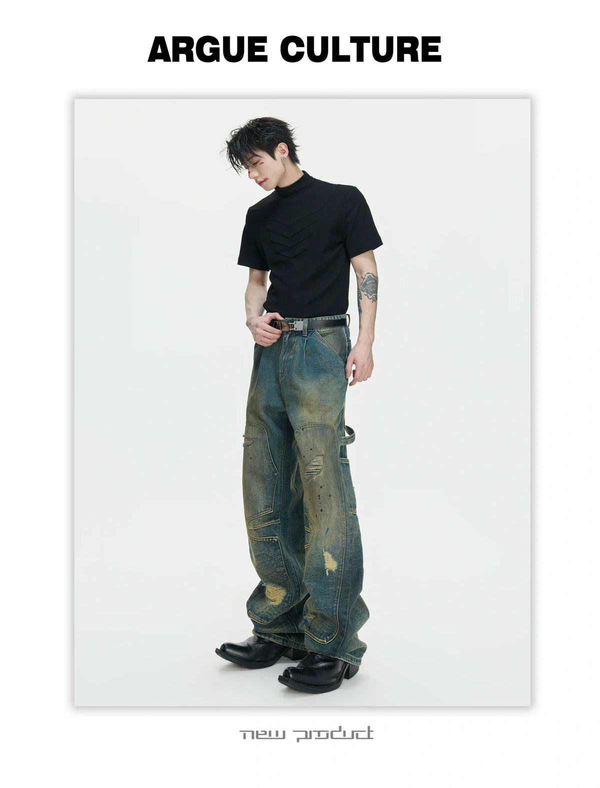 Distressed Patchwork Straight-Leg Jeans | Blue Denim - description image 4