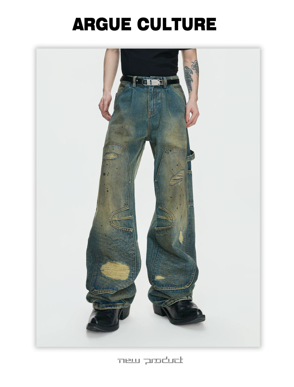Distressed Patchwork Straight-Leg Jeans | Blue Denim - description image 5