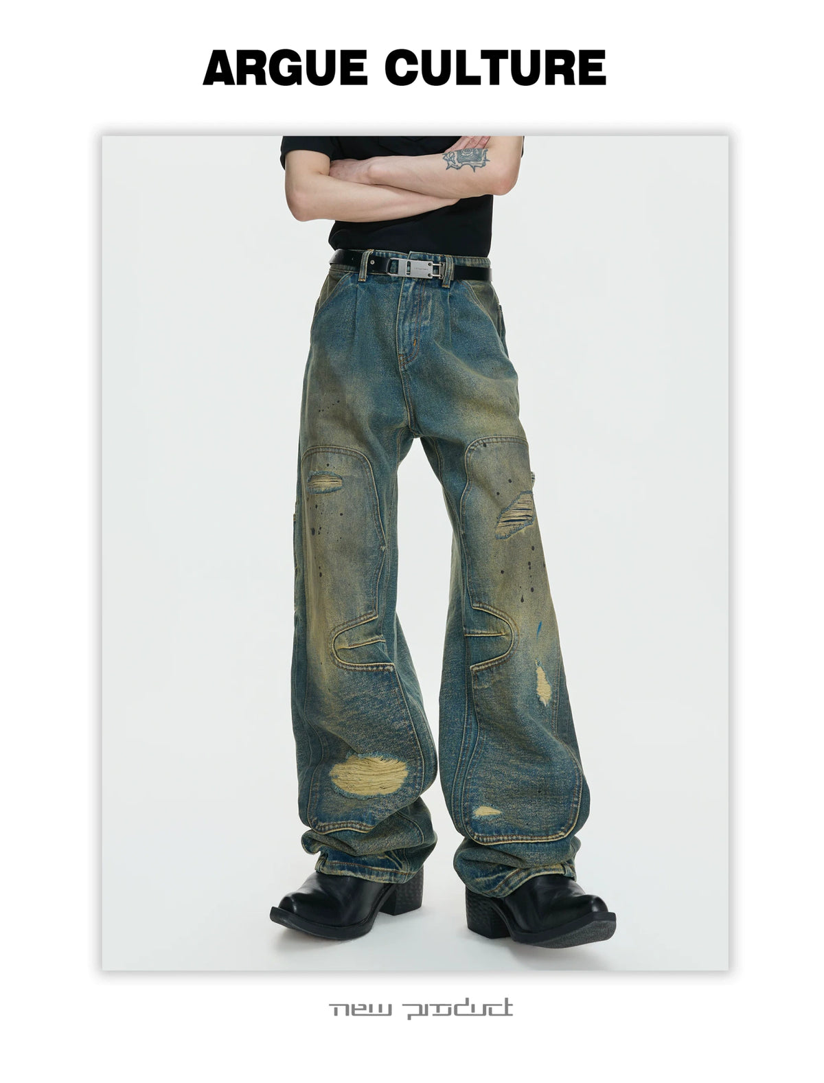 Distressed Patchwork Straight-Leg Jeans | Blue Denim - description image 6