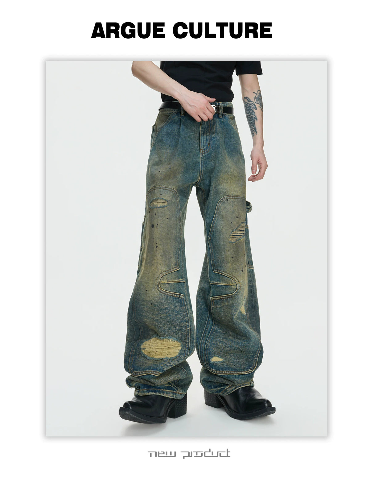 Distressed Patchwork Straight-Leg Jeans | Blue Denim - description image 7