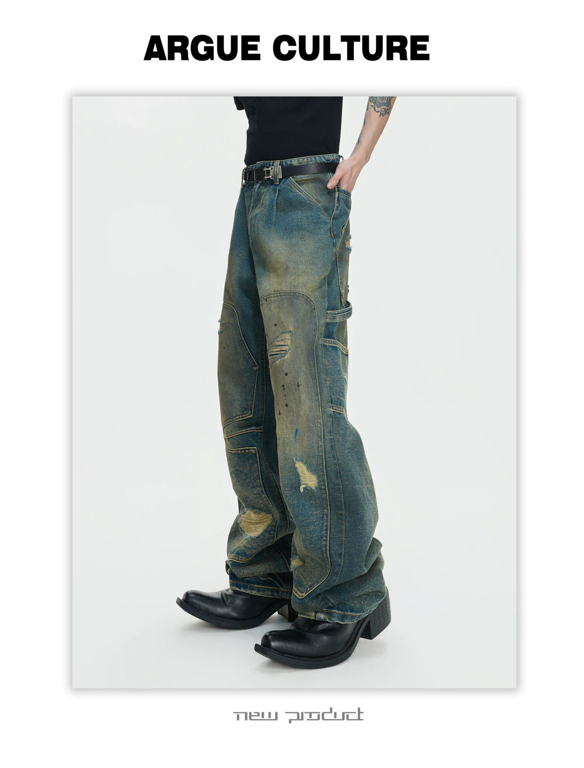 Distressed Patchwork Straight-Leg Jeans | Blue Denim - description image 8