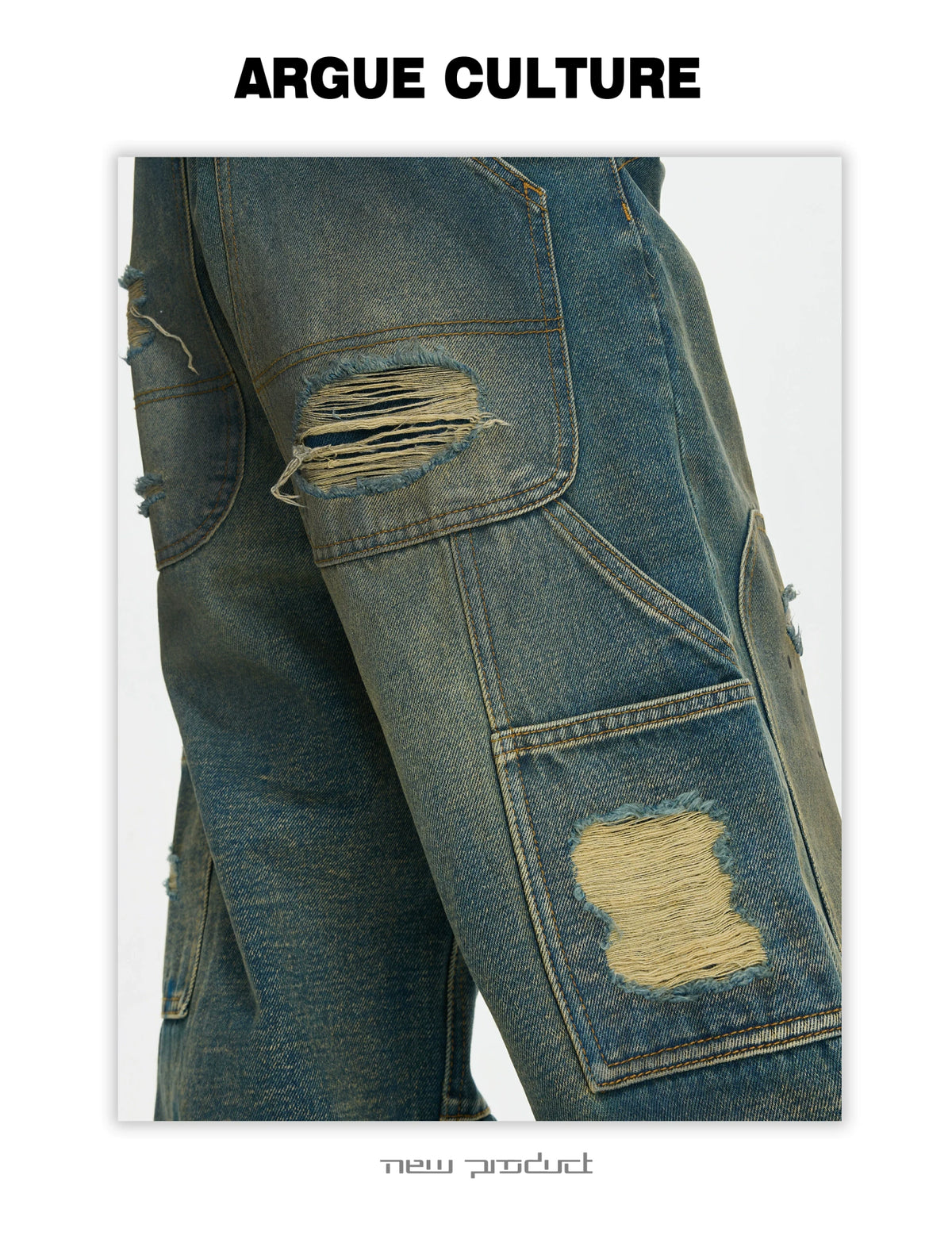 Distressed Patchwork Straight-Leg Jeans | Blue Denim - description image 10