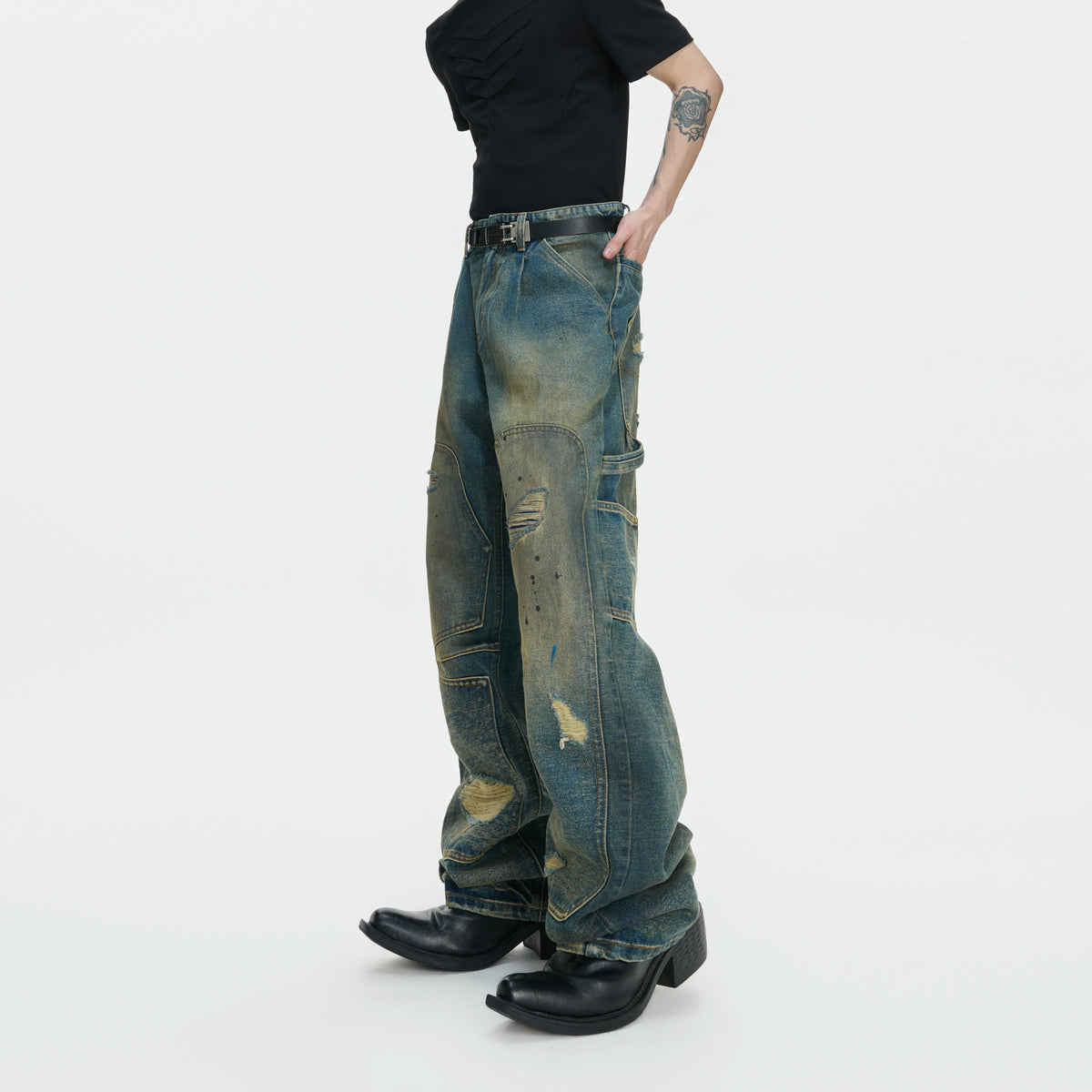 Distressed Patchwork Straight-Leg Jeans | Blue Denim - main image 2