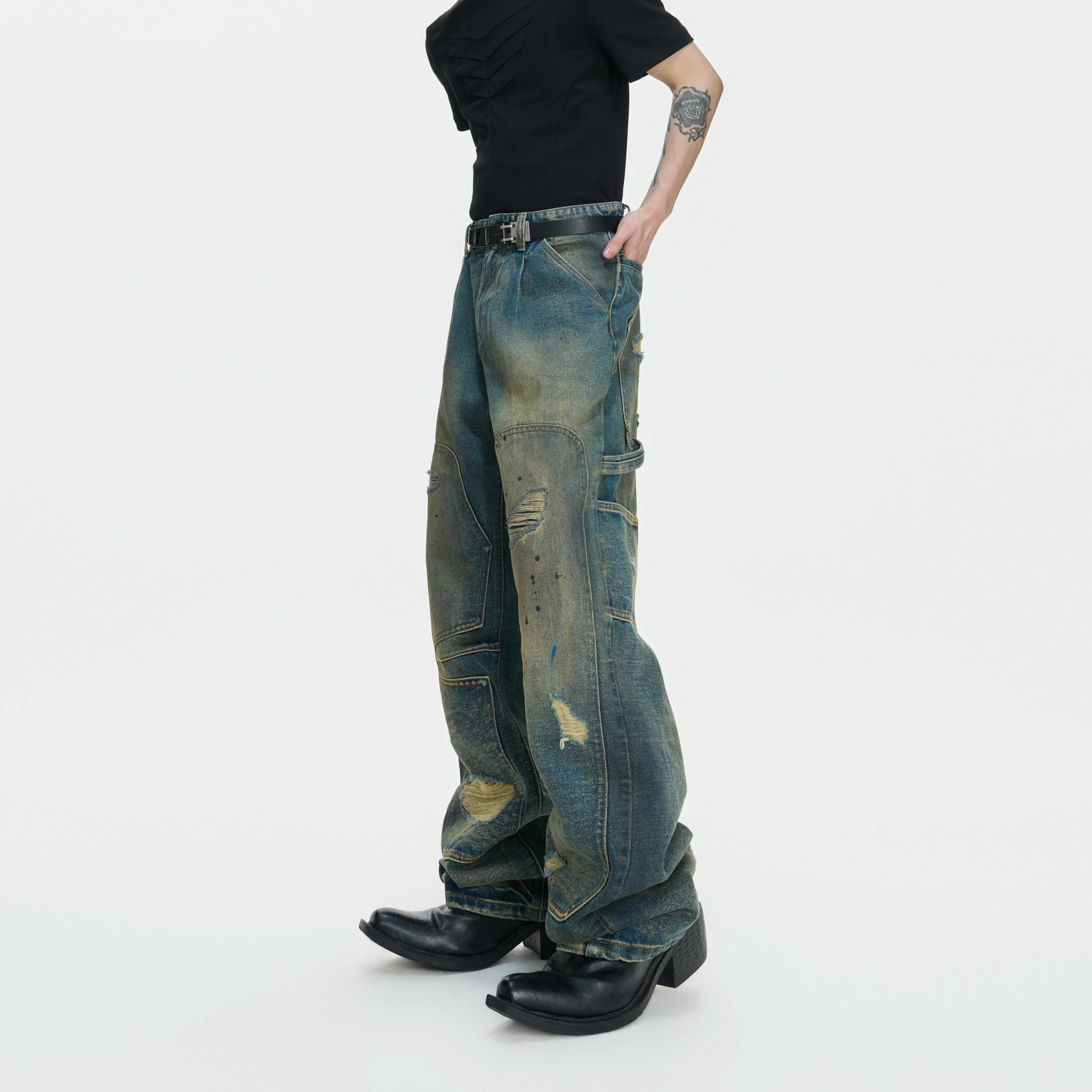 Distressed Patchwork Straight-Leg Jeans | Blue Denim - main image 2