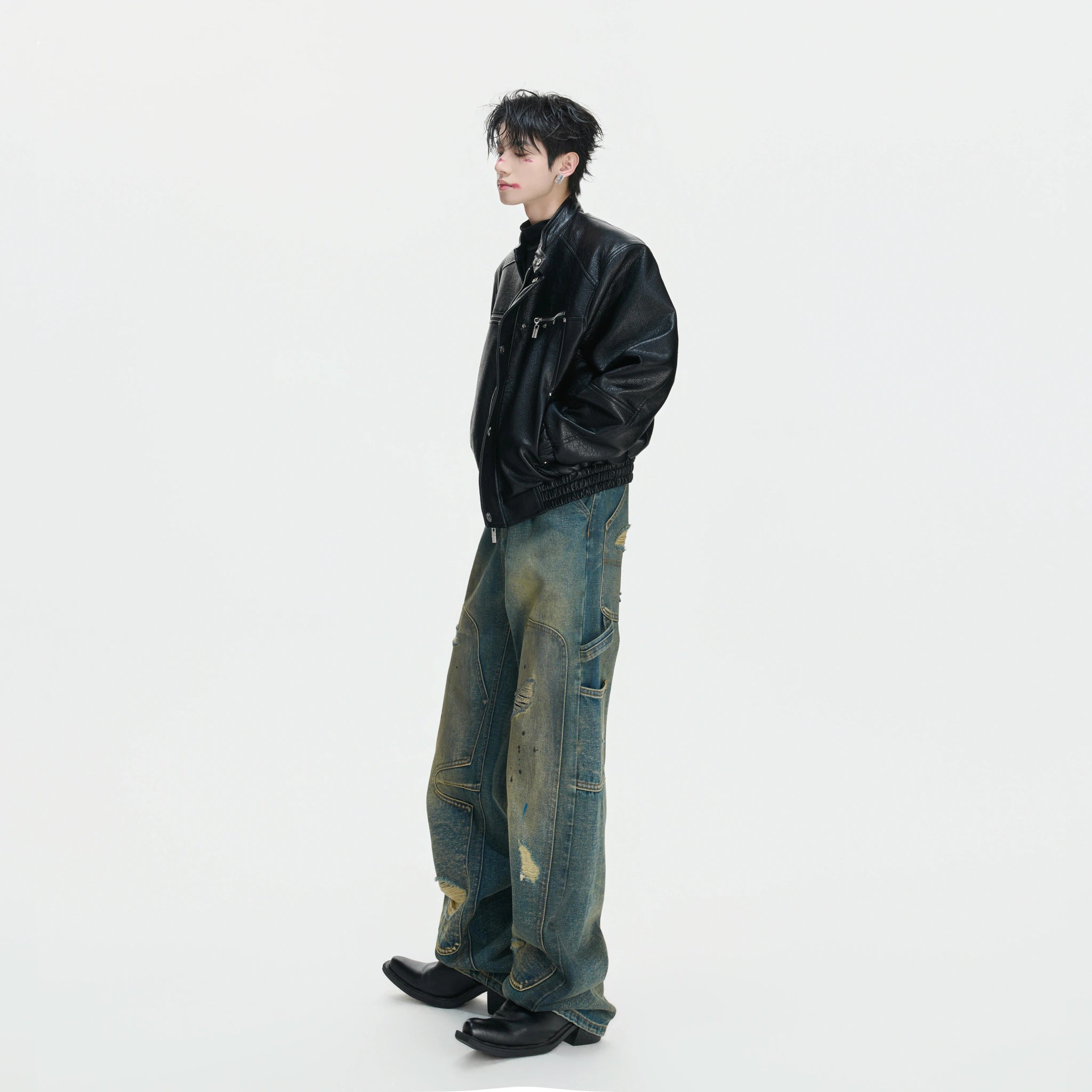 Distressed Patchwork Straight-Leg Jeans | Blue Denim - main image 4