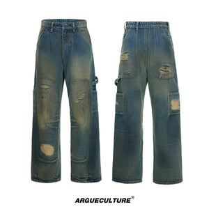 Distressed Patchwork Straight-Leg Jeans | Blue Denim - Blue Top