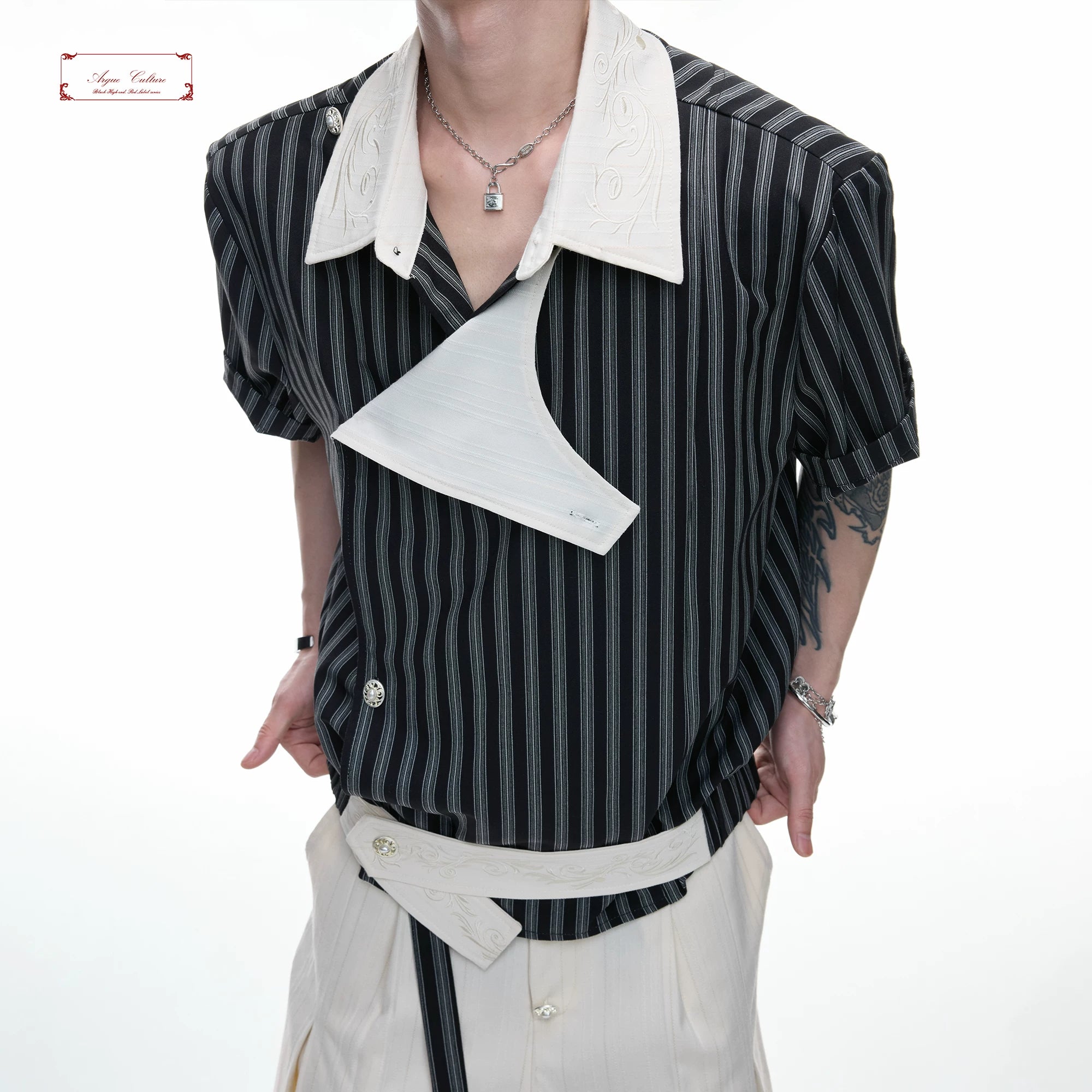 Asymmetric Embroidered Striped Short-Sleeve Shirt - main image 1