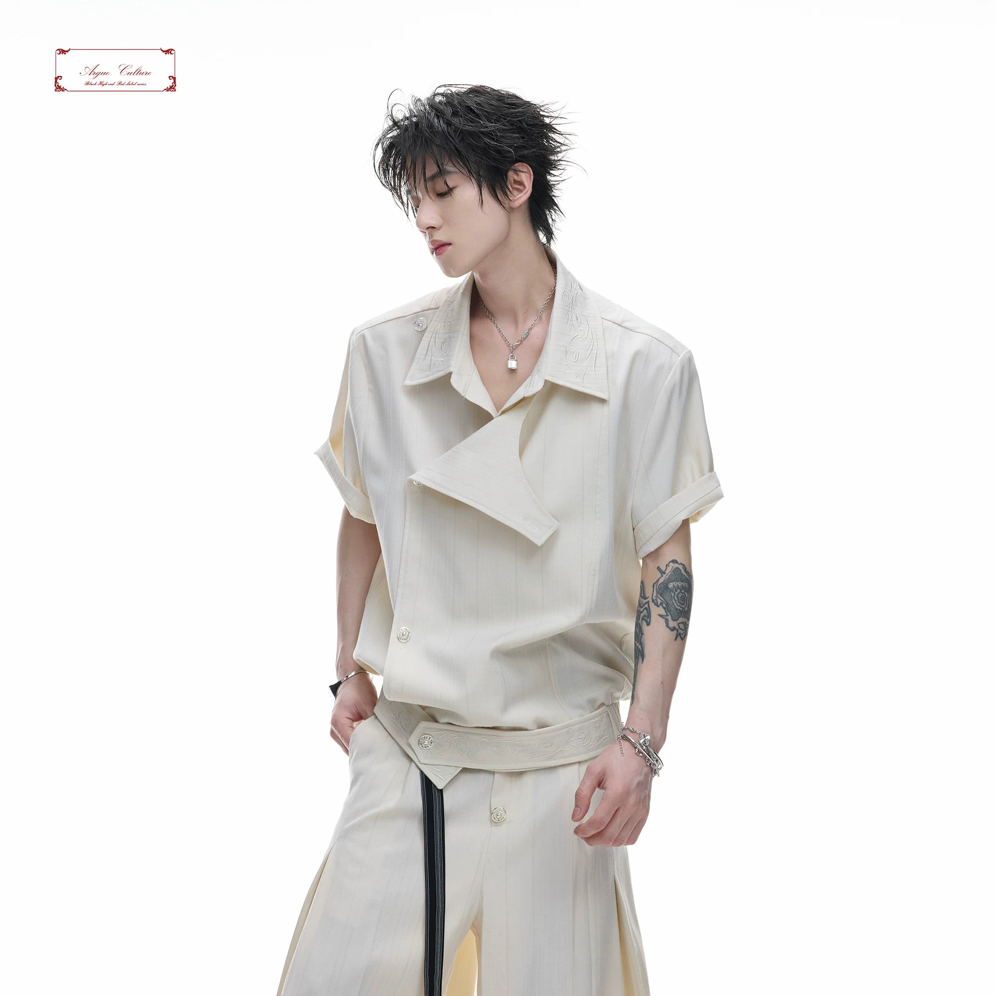 Asymmetric Embroidered Striped Short-Sleeve Shirt - main image 2
