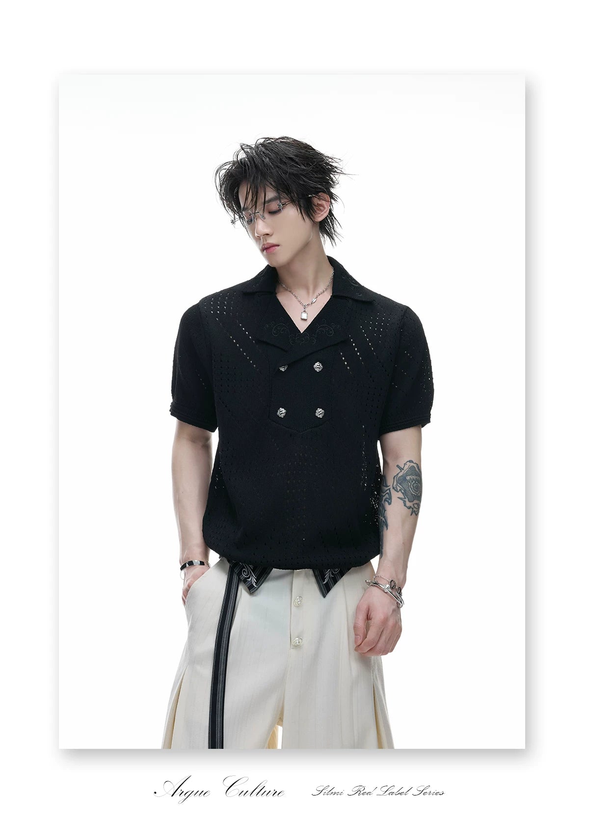 Openwork Embroidered Knit Polo Shirt | Short Sleeve - description image 3