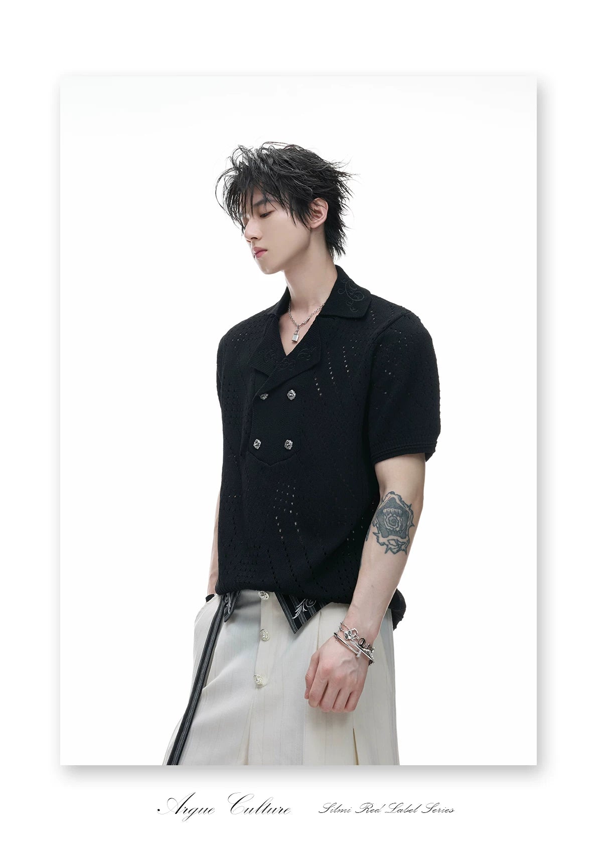 Openwork Embroidered Knit Polo Shirt | Short Sleeve - description image 4