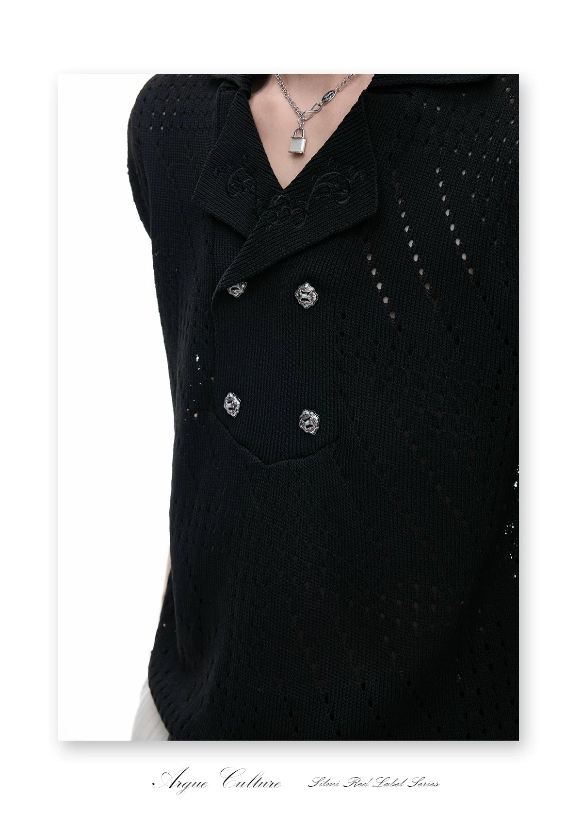 Openwork Embroidered Knit Polo Shirt | Short Sleeve - description image 6