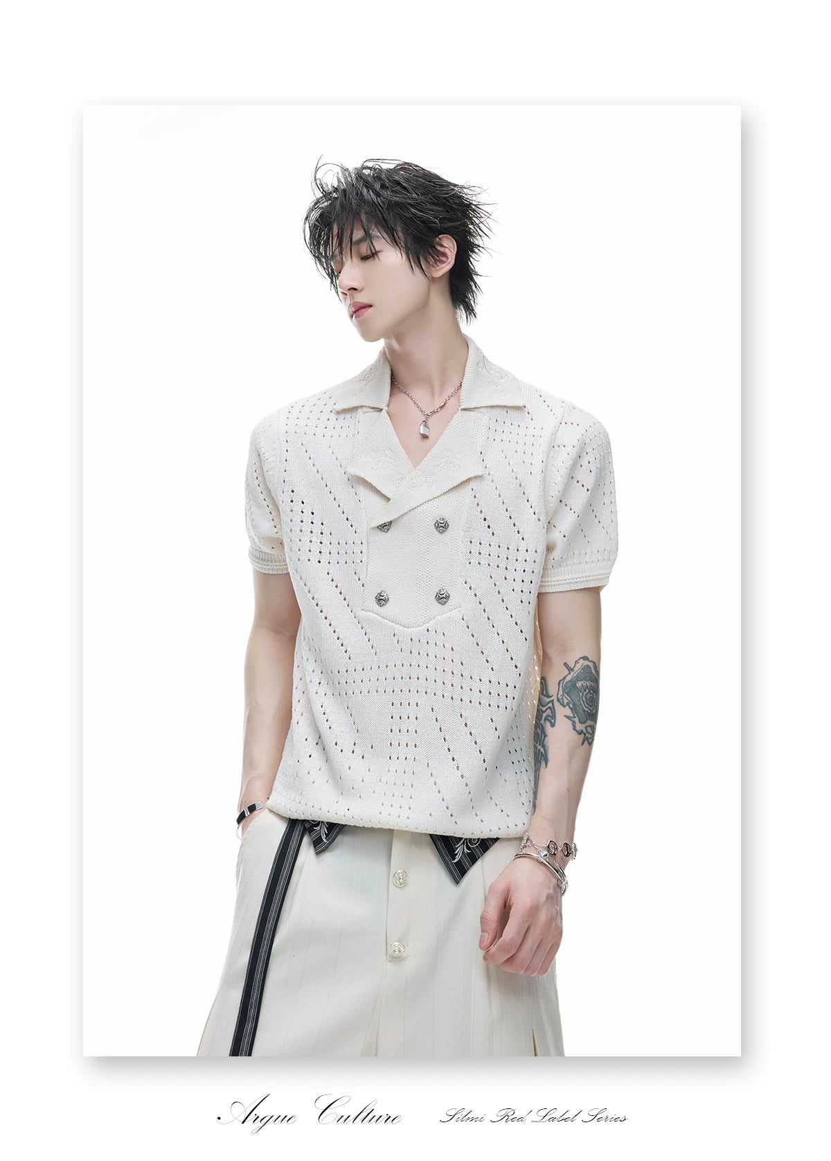 Openwork Embroidered Knit Polo Shirt | Short Sleeve - description image 7