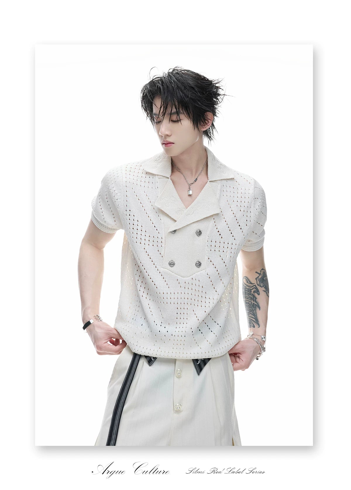 Openwork Embroidered Knit Polo Shirt | Short Sleeve - description image 8