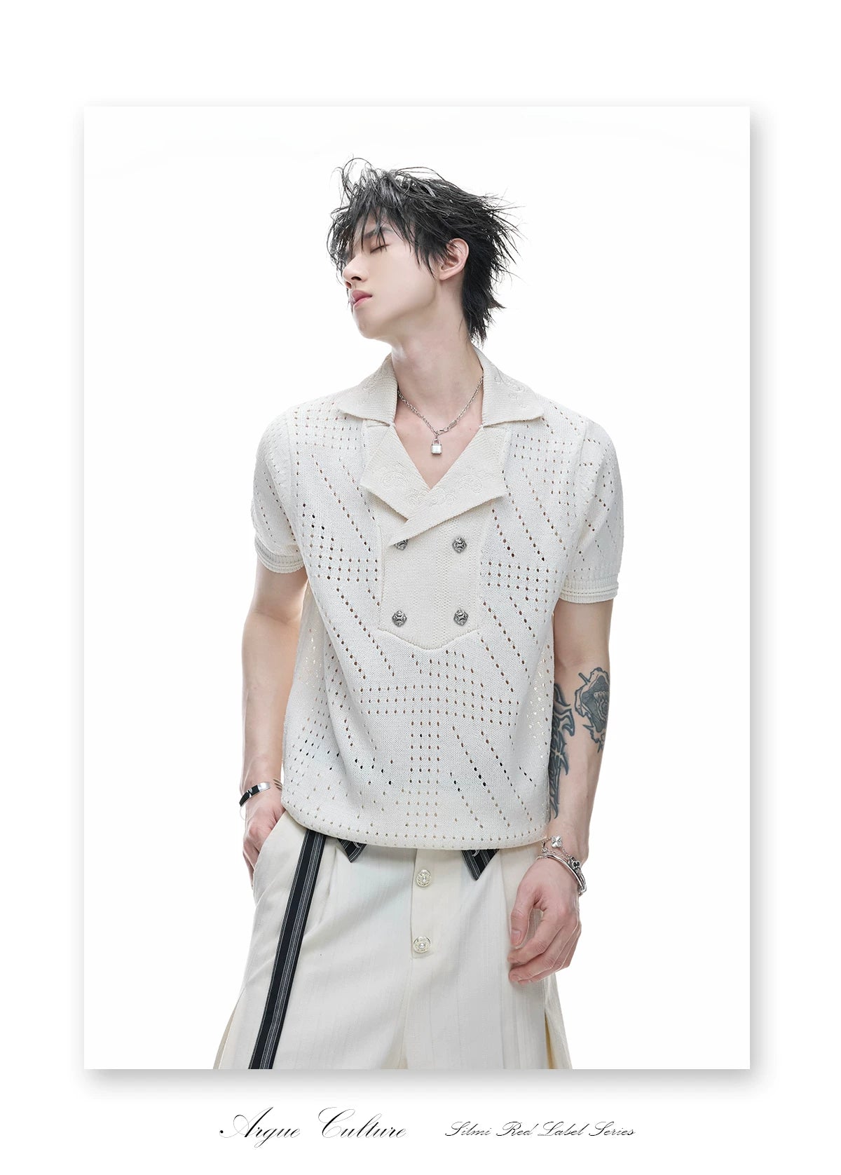 Openwork Embroidered Knit Polo Shirt | Short Sleeve - description image 9