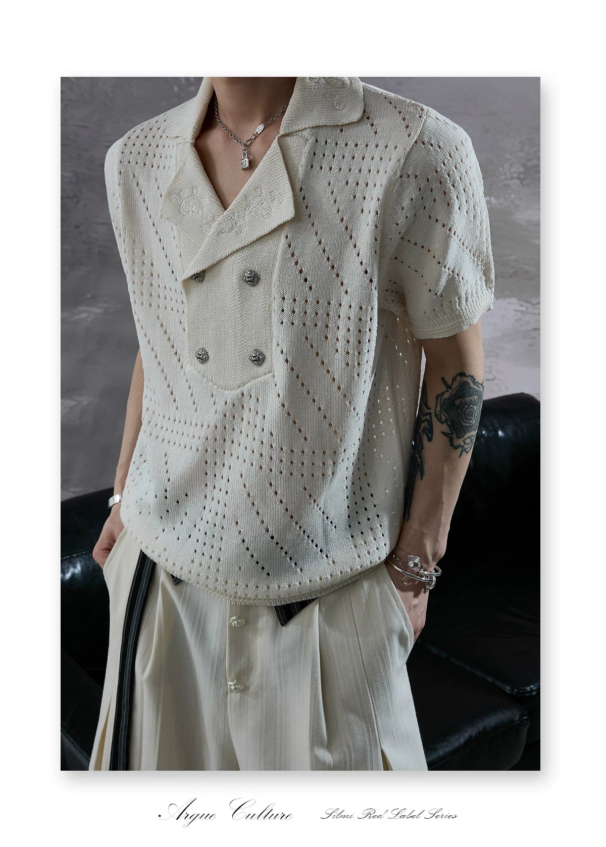 Openwork Embroidered Knit Polo Shirt | Short Sleeve - description image 11