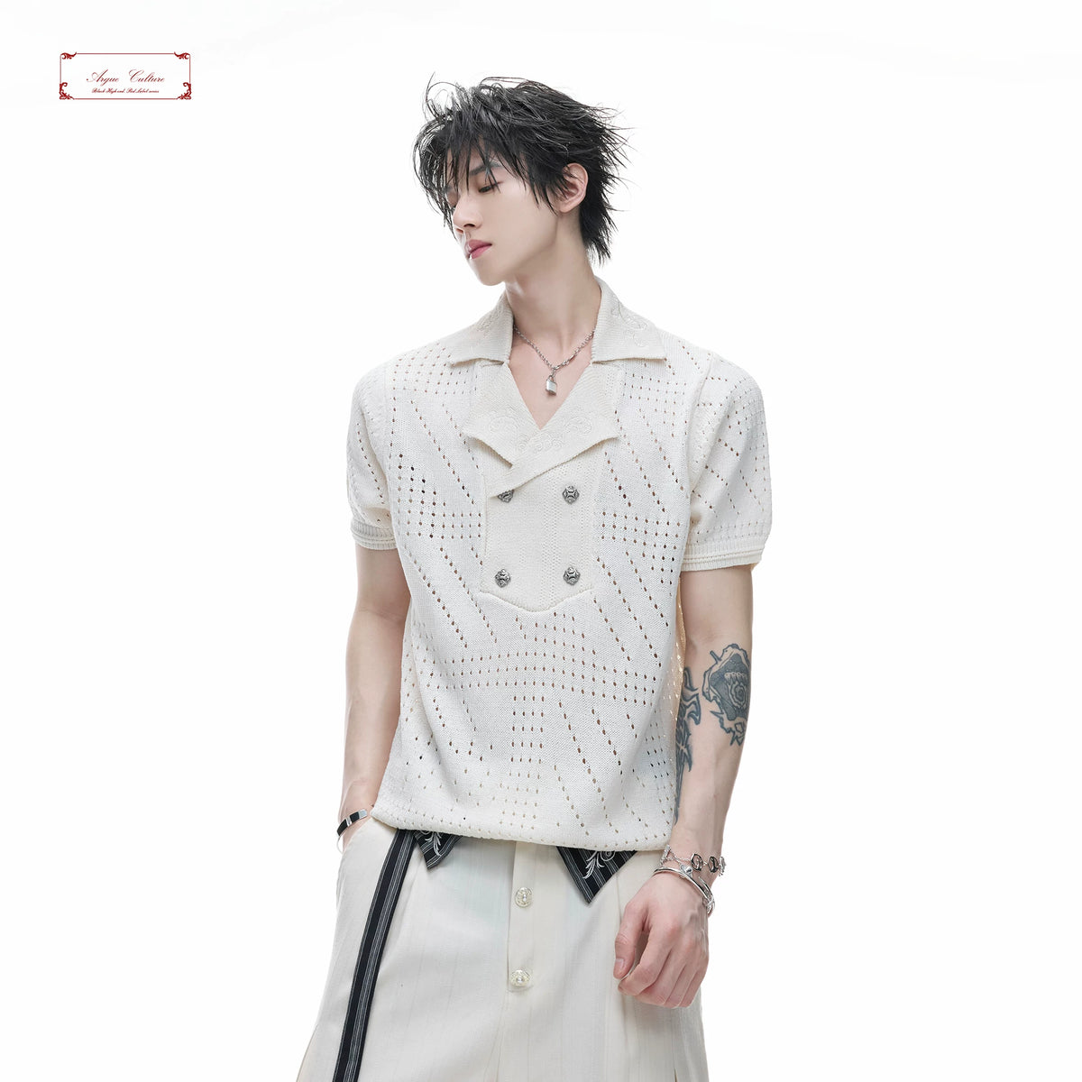 Openwork Embroidered Knit Polo Shirt | Short Sleeve - main image 1