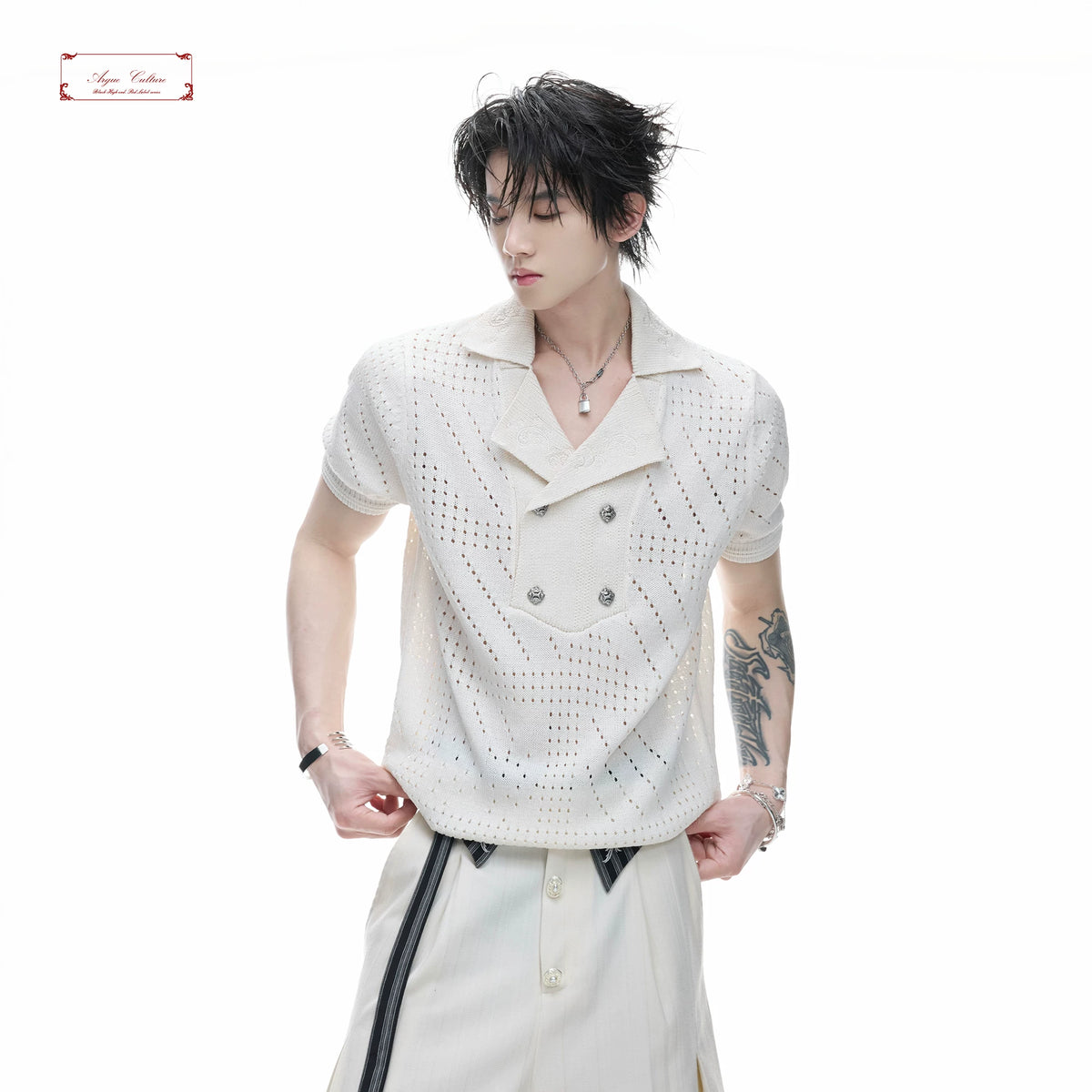 Openwork Embroidered Knit Polo Shirt | Short Sleeve - main image 4