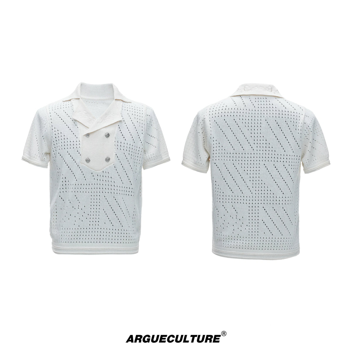 Openwork Embroidered Knit Polo Shirt | Short Sleeve - White