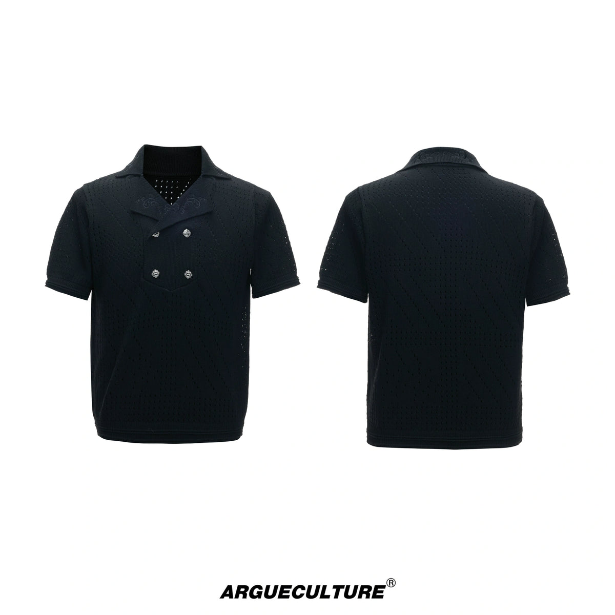 Openwork Embroidered Knit Polo Shirt | Short Sleeve - Black