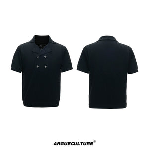 Openwork Embroidered Knit Polo Shirt | Short Sleeve - Black