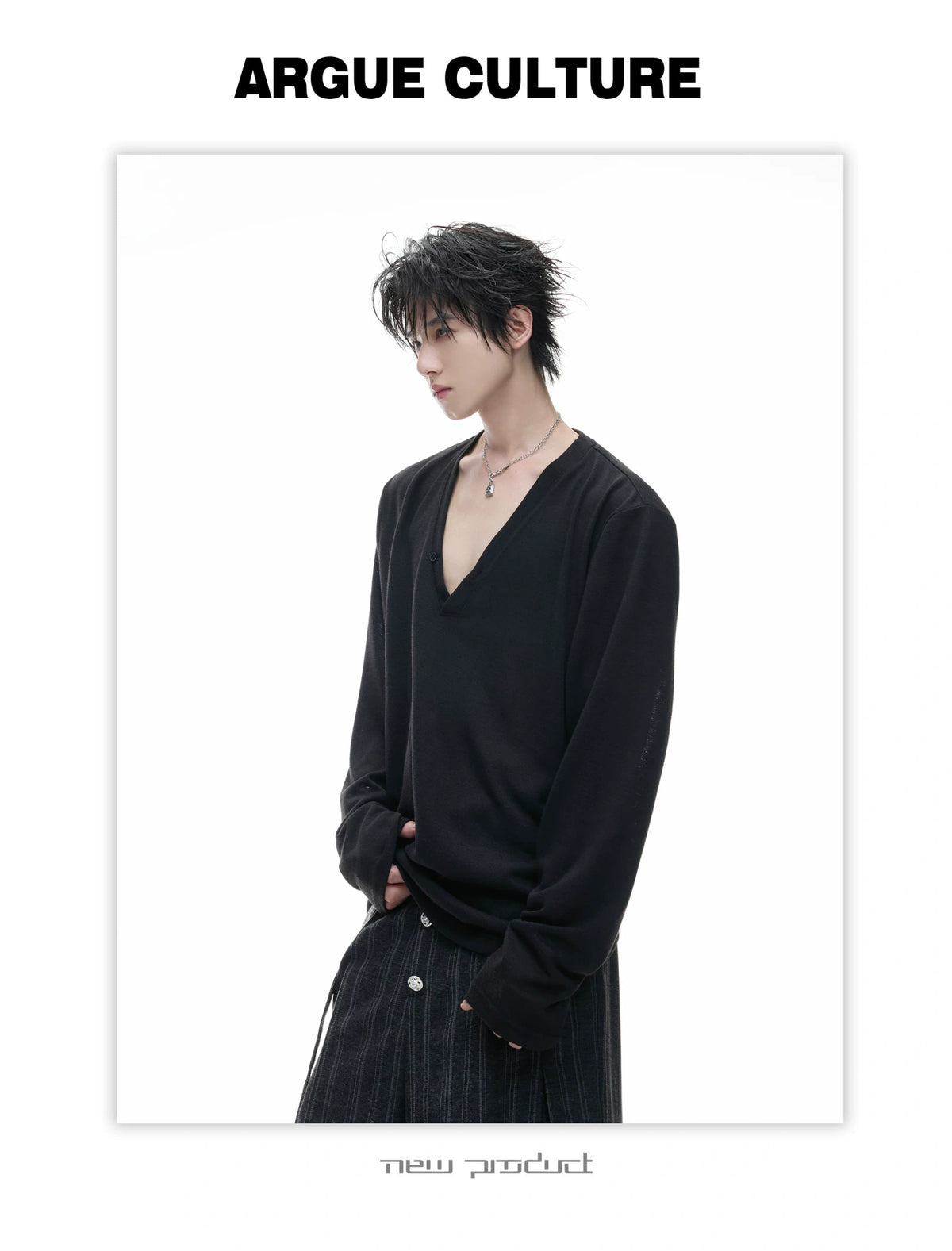 Deep V-Neck Linen-Blend Long-Sleeve T-Shirt - description image 2
