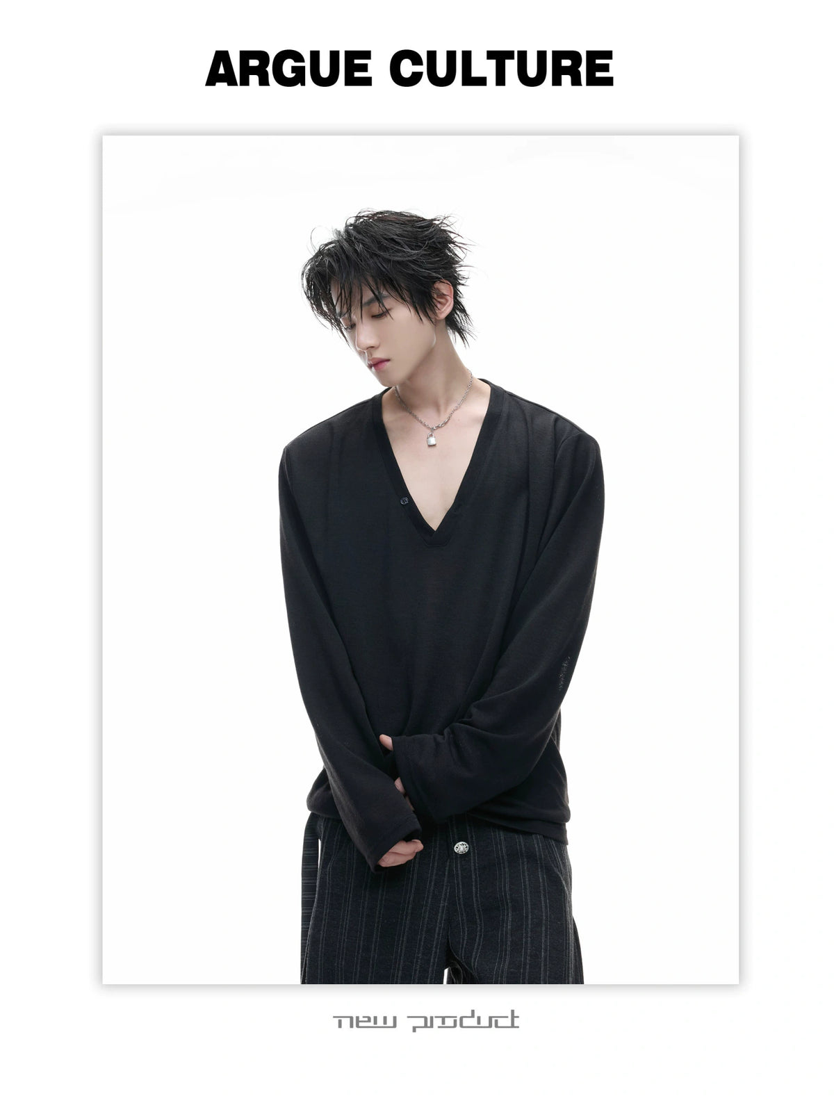 Deep V-Neck Linen-Blend Long-Sleeve T-Shirt - description image 3