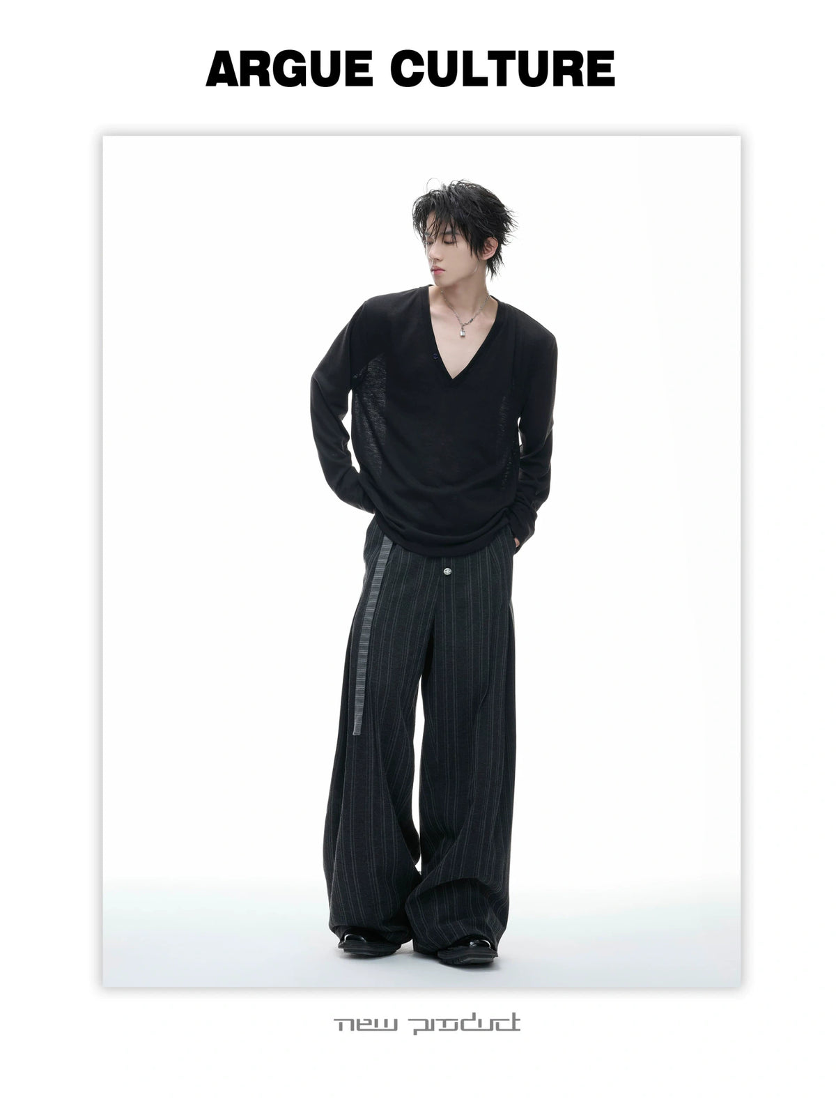 Deep V-Neck Linen-Blend Long-Sleeve T-Shirt - description image 5