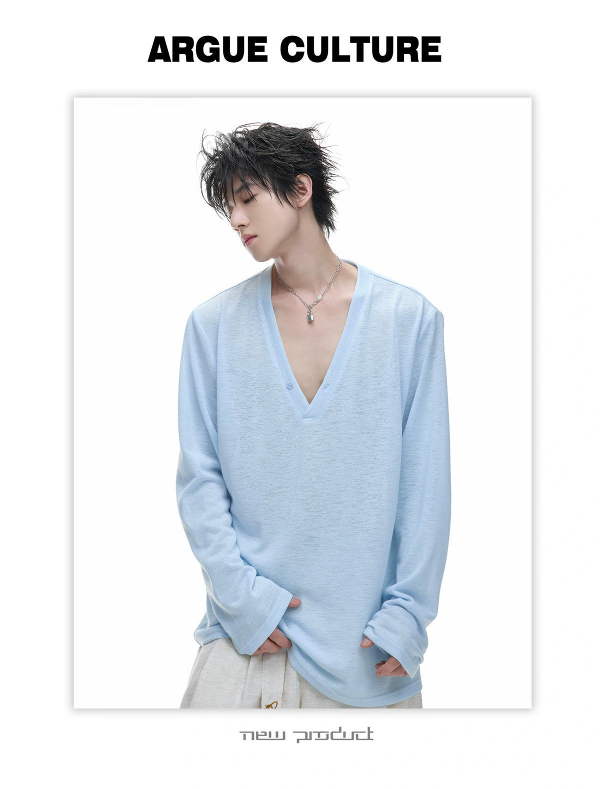 Deep V-Neck Linen-Blend Long-Sleeve T-Shirt - description image 6