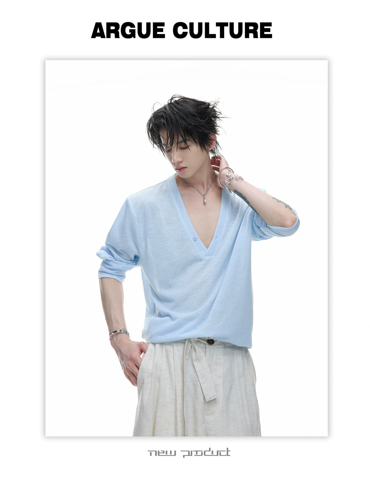Deep V-Neck Linen-Blend Long-Sleeve T-Shirt - description image 7