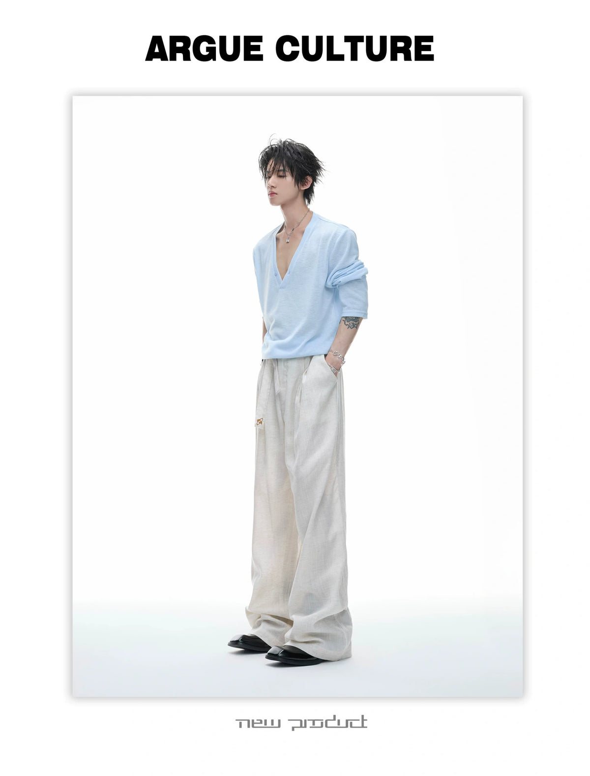 Deep V-Neck Linen-Blend Long-Sleeve T-Shirt - description image 8
