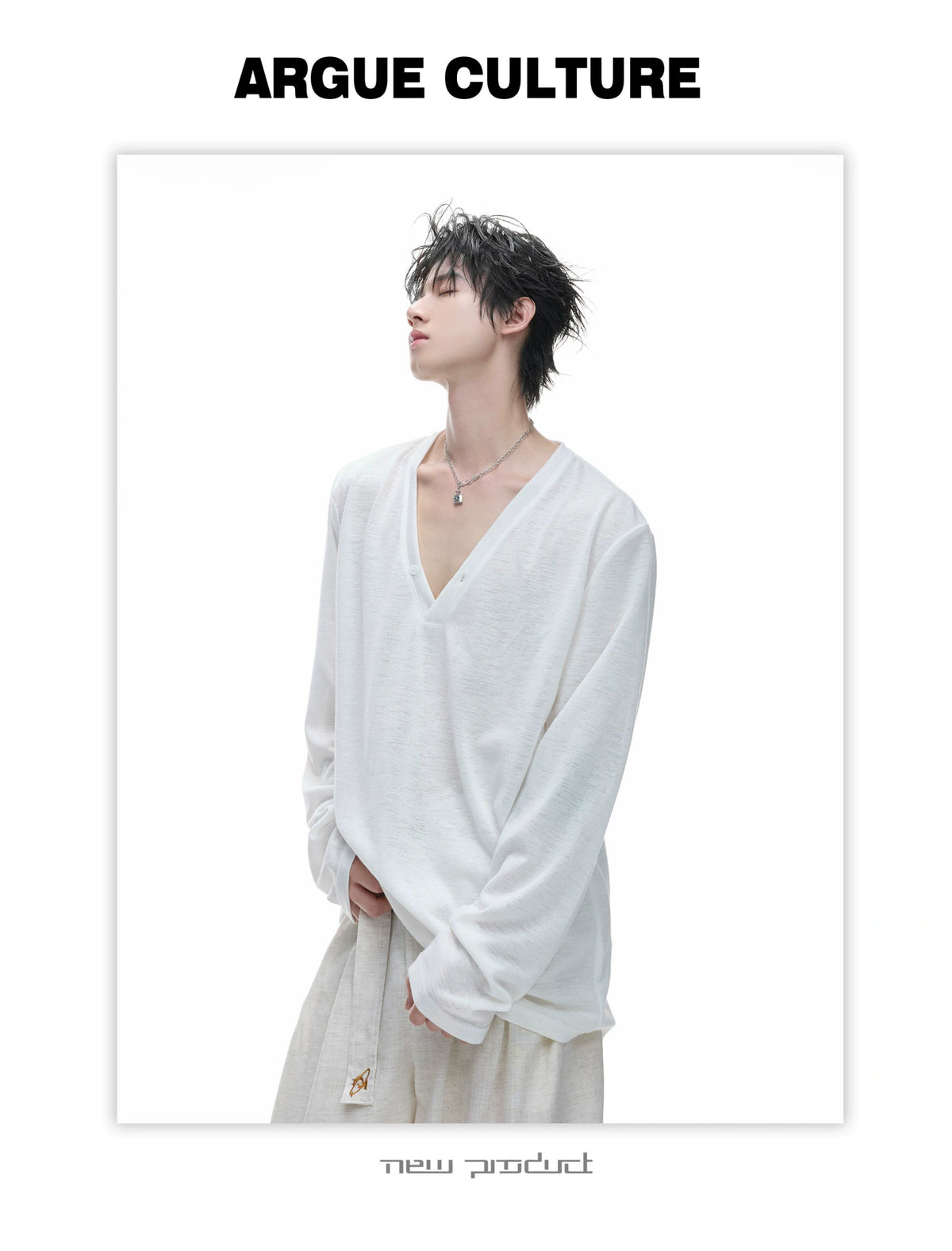 Deep V-Neck Linen-Blend Long-Sleeve T-Shirt - description image 9