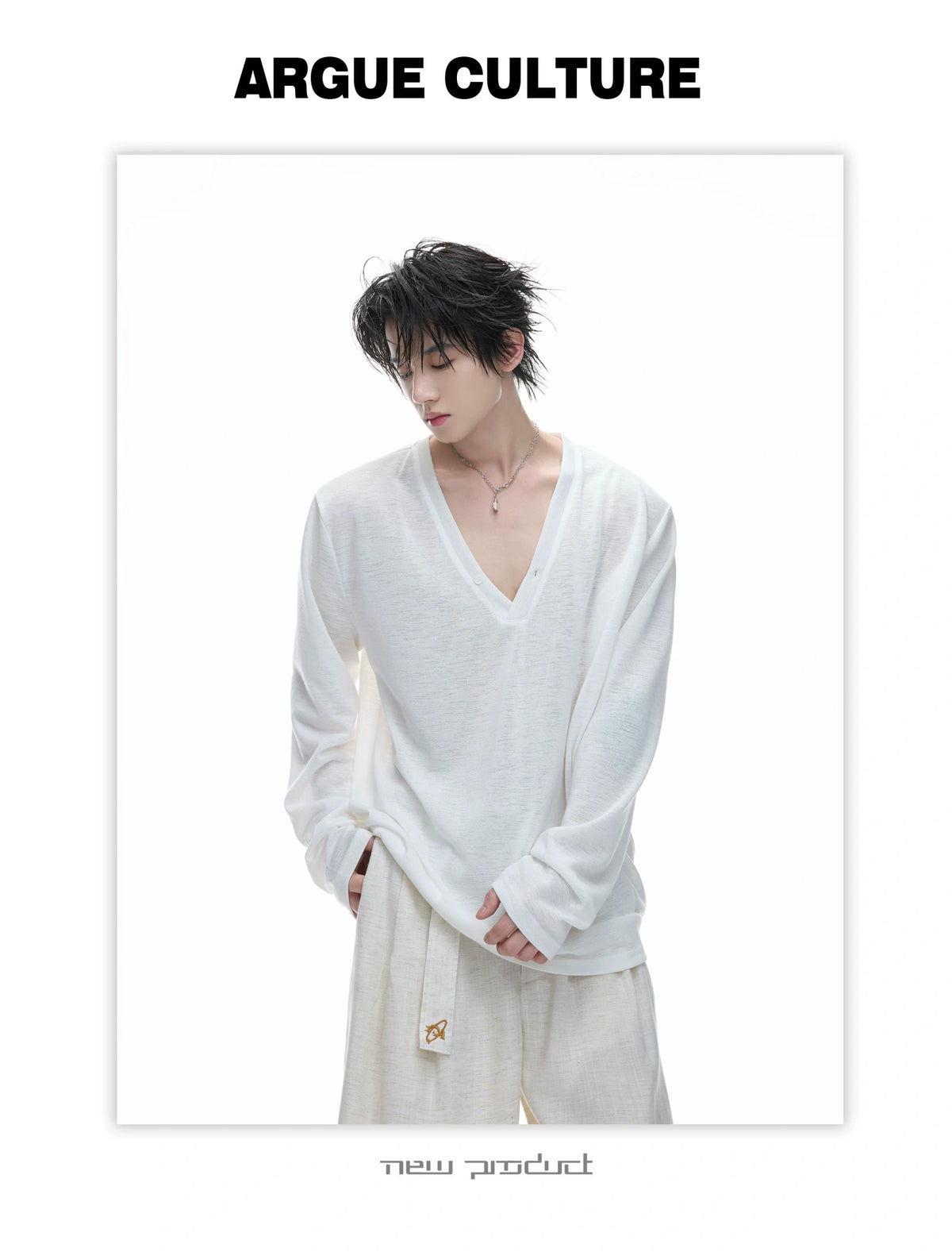 Deep V-Neck Linen-Blend Long-Sleeve T-Shirt - description image 10