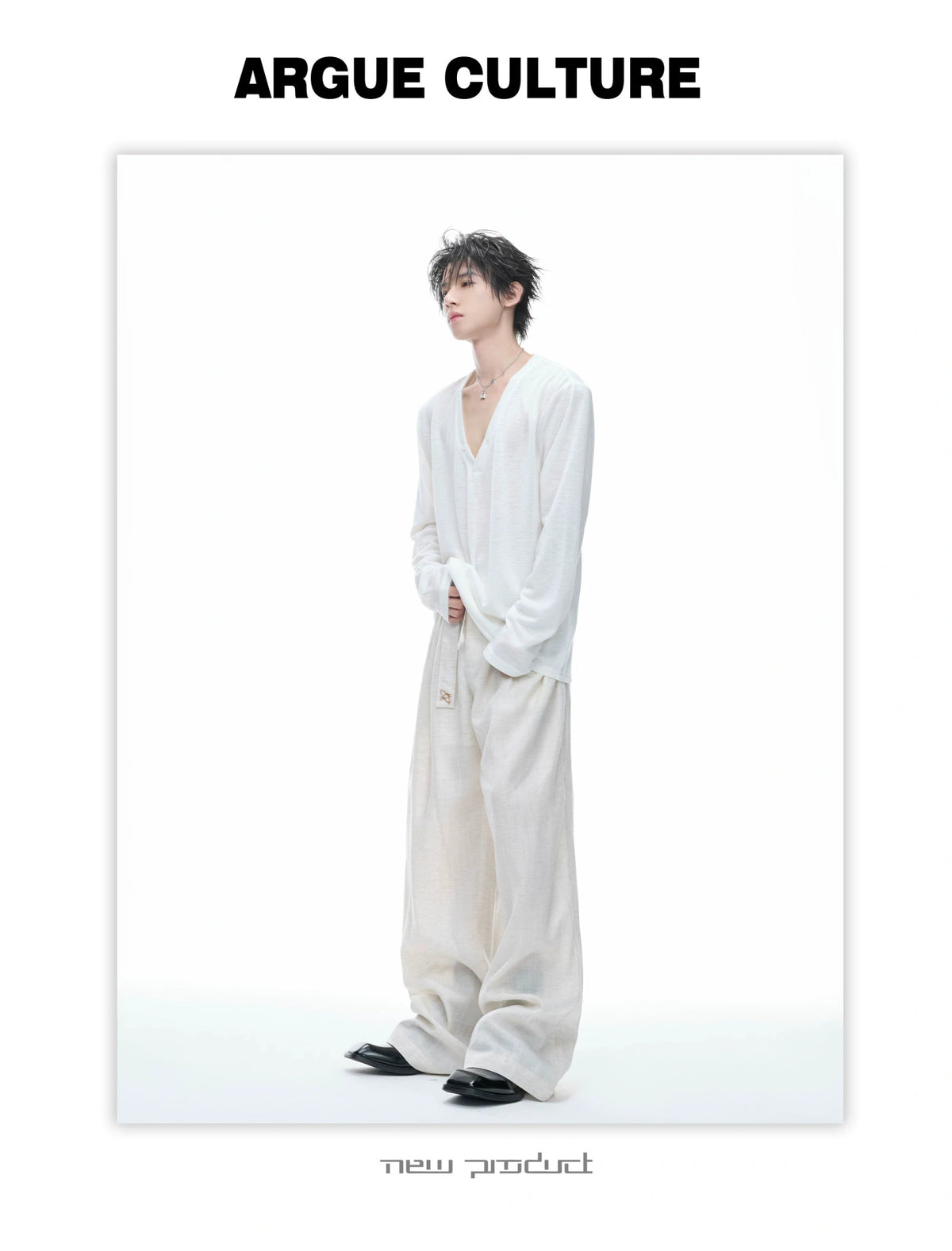Deep V-Neck Linen-Blend Long-Sleeve T-Shirt - description image 11