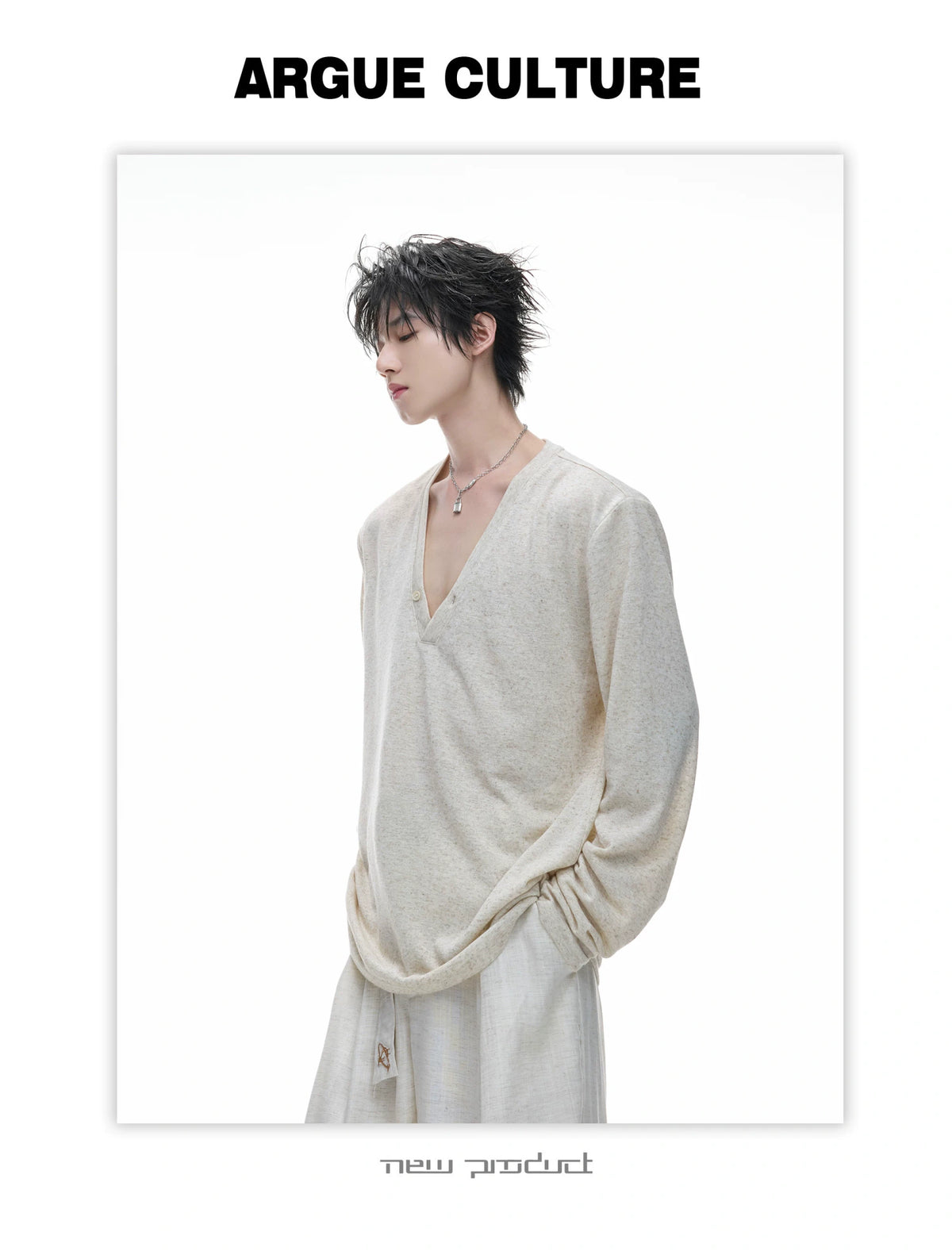 Deep V-Neck Linen-Blend Long-Sleeve T-Shirt - description image 12