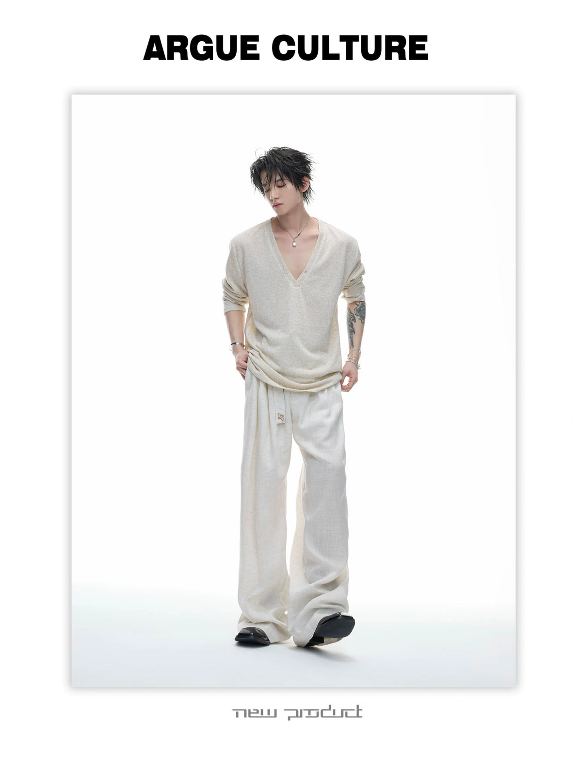 Deep V-Neck Linen-Blend Long-Sleeve T-Shirt - description image 13