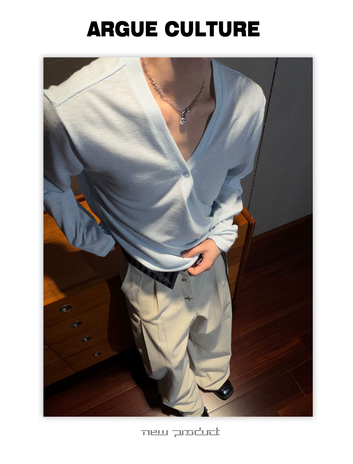 Deep V-Neck Linen-Blend Long-Sleeve T-Shirt - description image 14