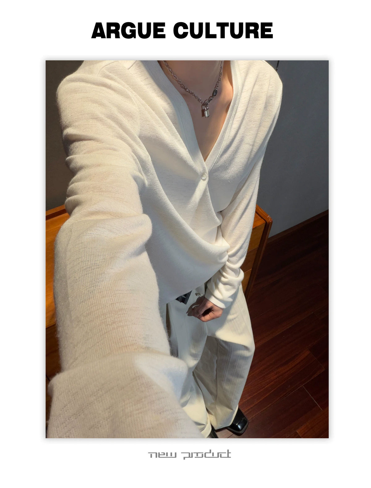 Deep V-Neck Linen-Blend Long-Sleeve T-Shirt - description image 15